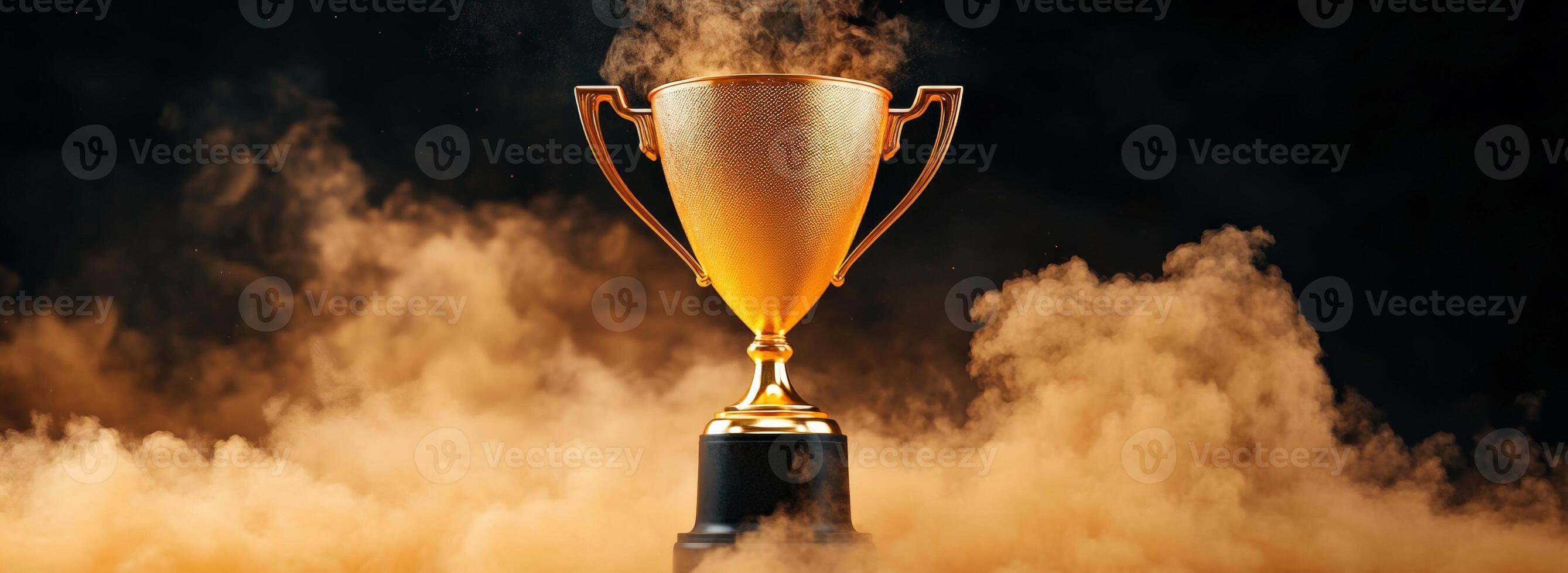 A golden trophy shines amidst a cloud of smoke, symbolizing victory and achievement in competitions and awards. photo