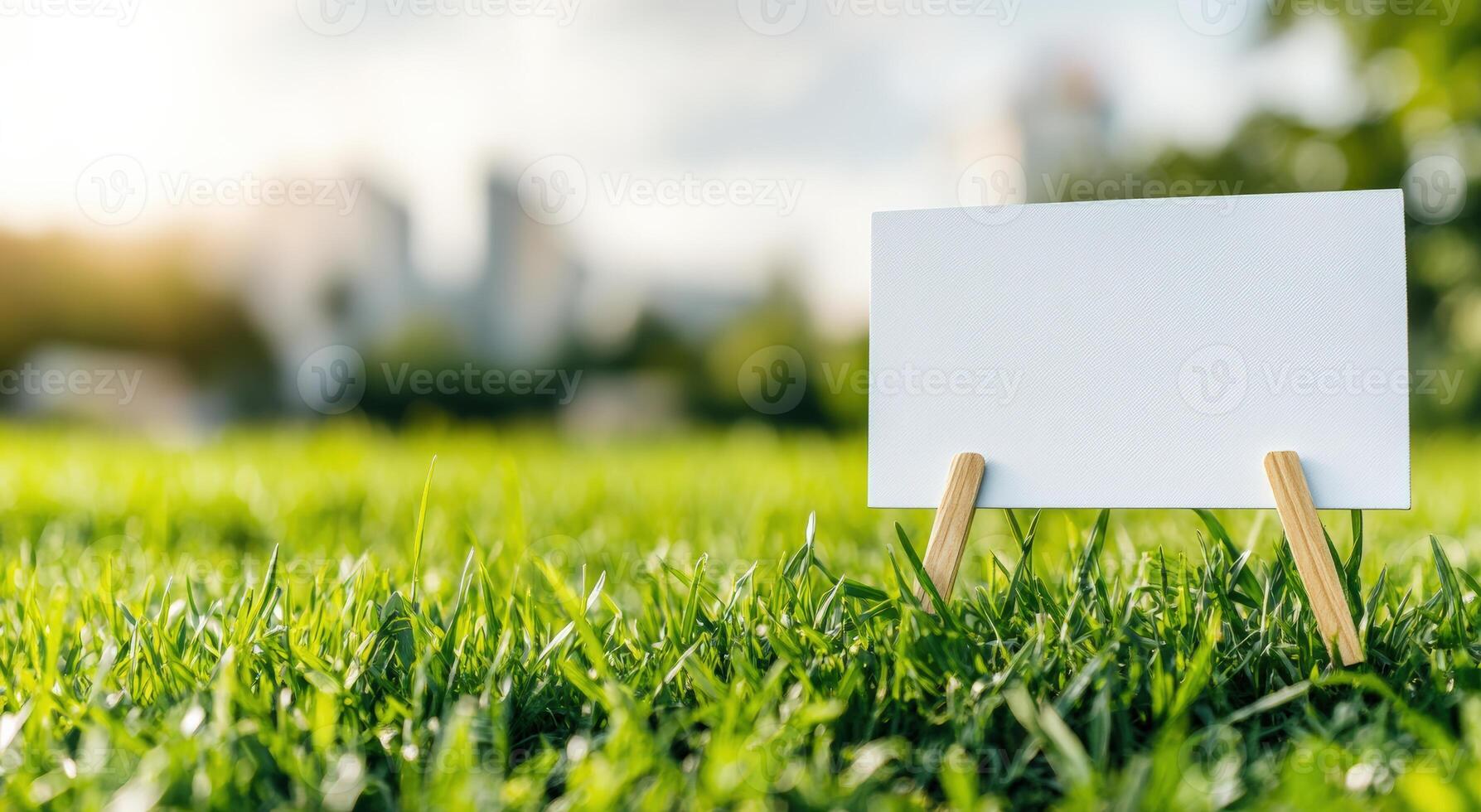 A blank white sign stands in a lush green field, creating a serene backdrop with soft lighting and a blurred city skyline in the distance. photo