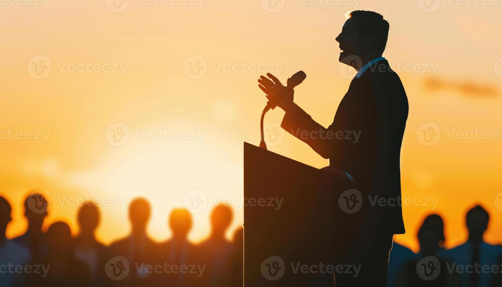 Silhouette of Leader Speaking at Podium with Abstract Audience, Influence, Leadership Communication. Illustration photo
