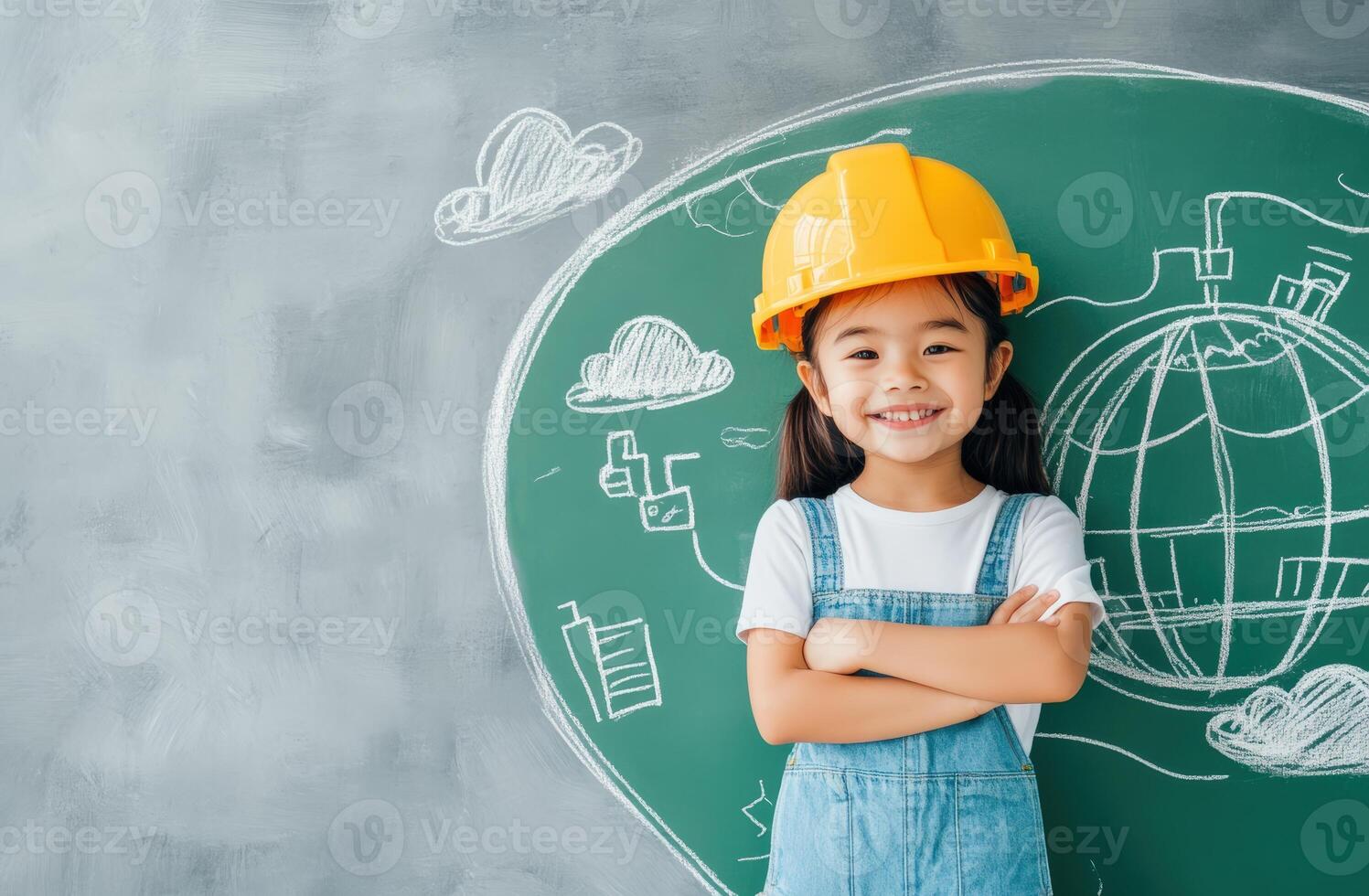 A cheerful girl wearing a safety helmet stands proudly in front of a chalkboard with drawings of the world and clouds. photo