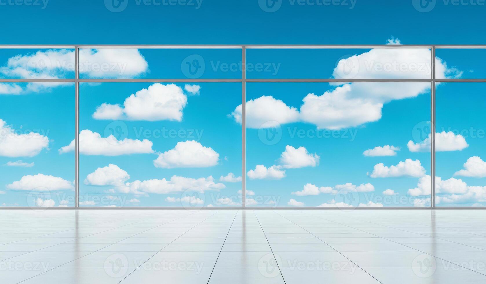 A modern balcony view highlighting a clear blue sky filled with fluffy clouds, perfect for serene outdoor imagery. photo