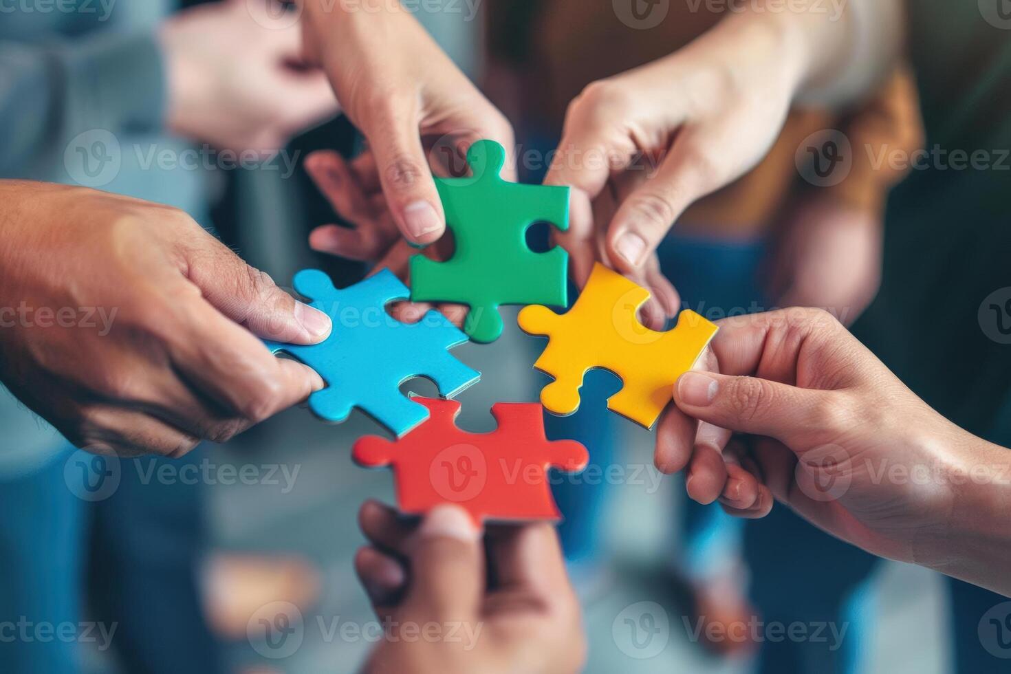 Diverse Business Team Connecting Puzzle Pieces, Unity, Strategic Alliances. Illustration photo
