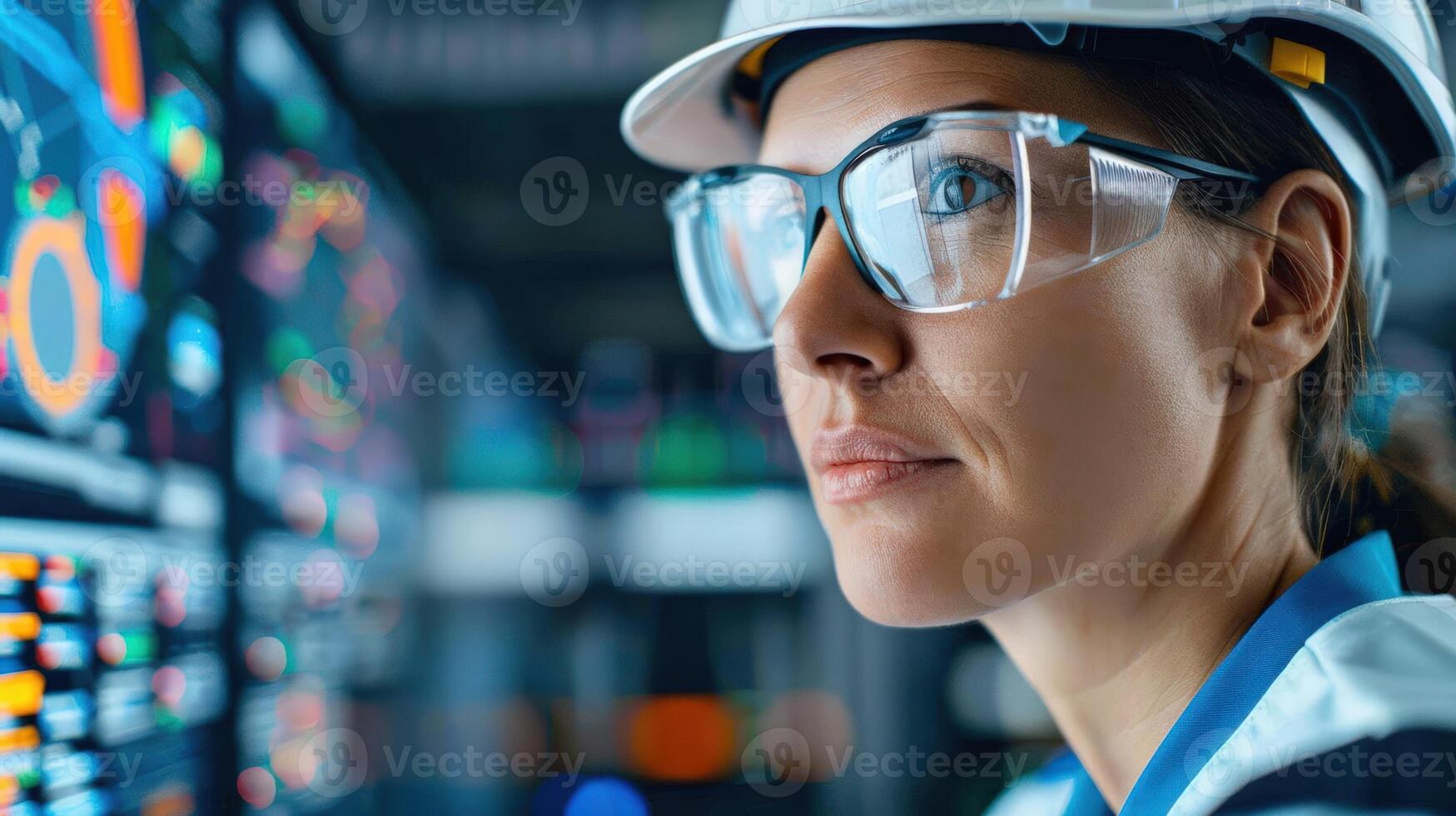 Confident woman engineer analyzing power generation, focusing on grid optimization and reliability photo