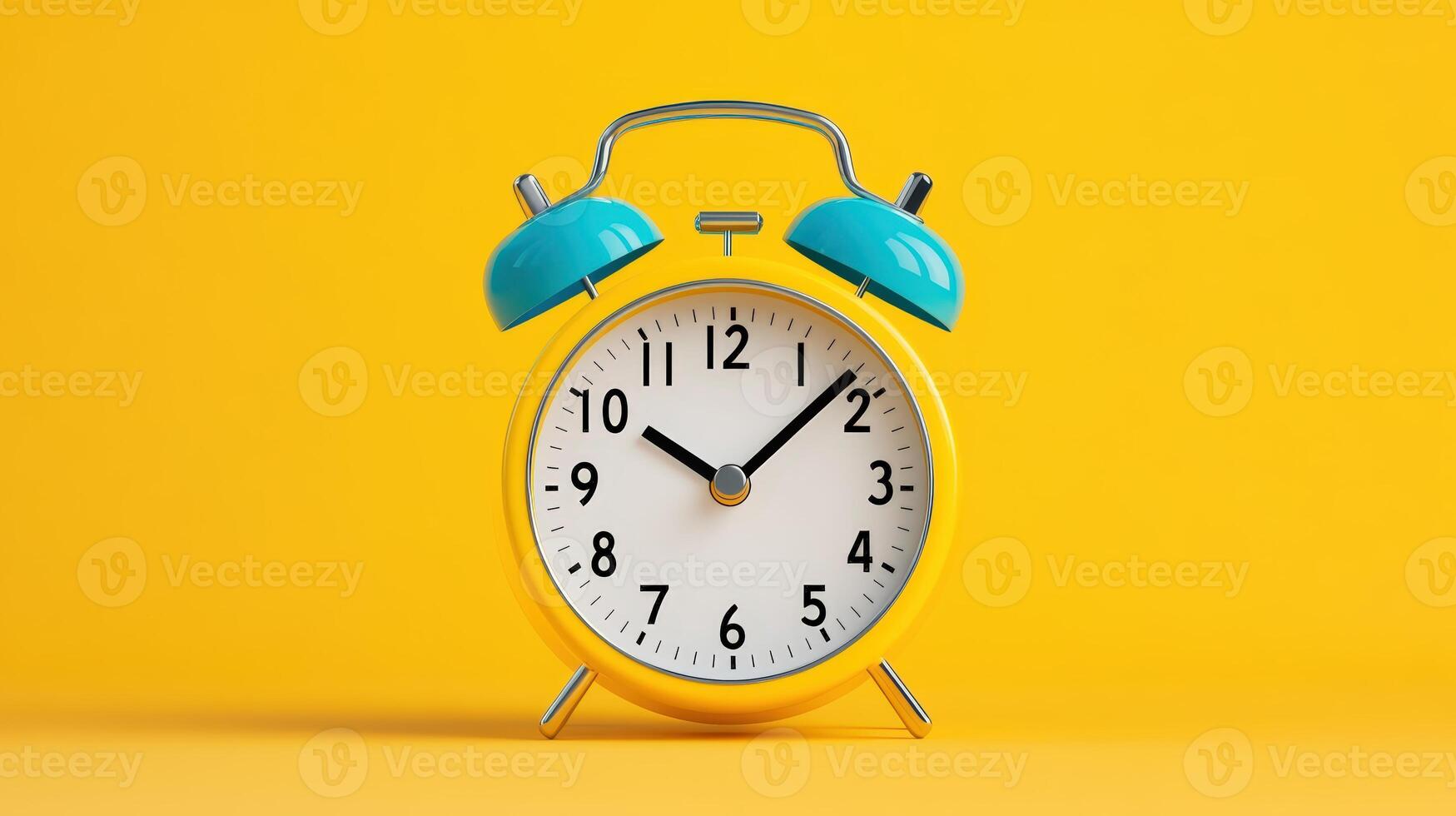 Classic blue and yellow alarm clock standing against a bright yellow background representing punctuality and time management. photo