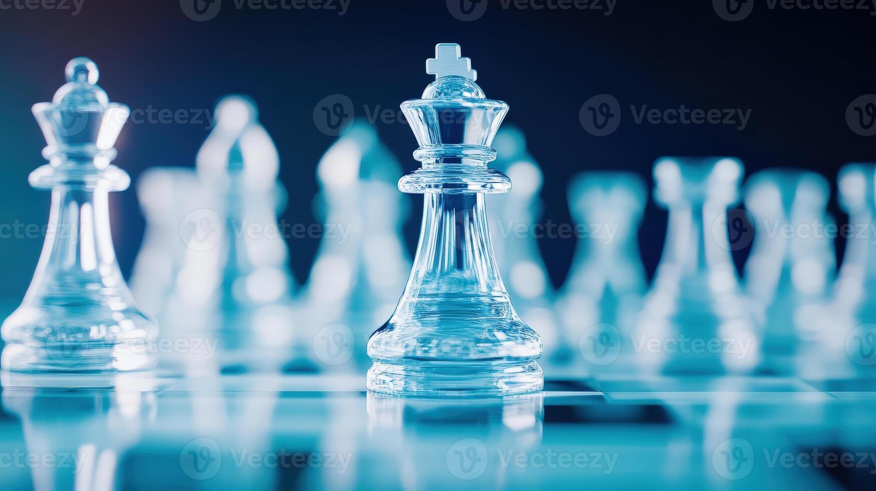 Close-up of a clear chess set featuring a prominent king. Light blue background highlights the pieces' transparency and strategic importance. photo