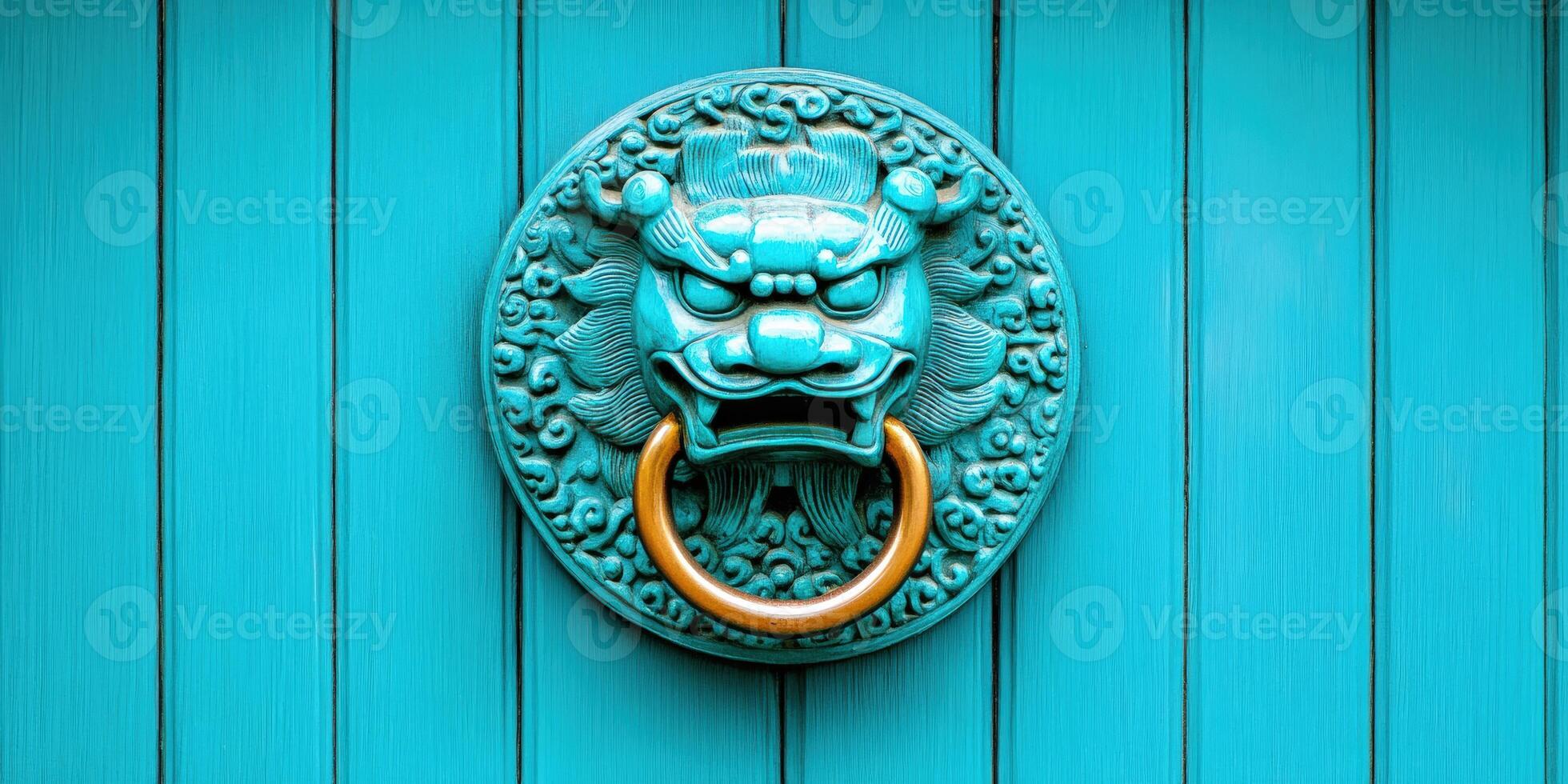 Close-up of an ornate turquoise lion head door knocker on a vibrant blue wooden door, showcasing intricate craftsmanship and bold colors. photo