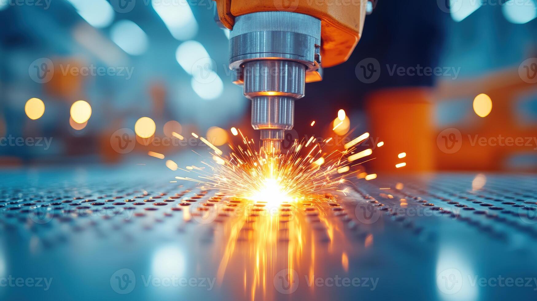 Close-up of an automated CNC machine cutting metal with precision and shooting sparks in a modern manufacturing facility. photo