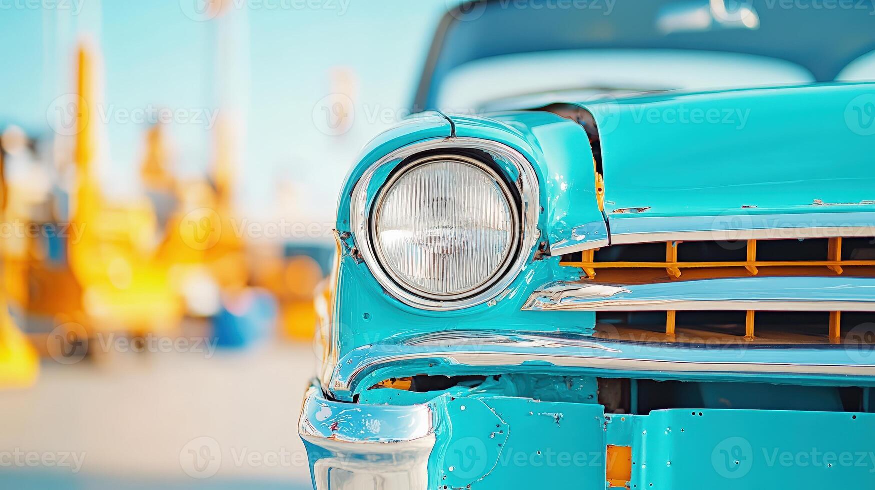 Close-up of a vintage turquoise car headlight on a sunny day, highlighting classic design elements and bright, clean look. photo