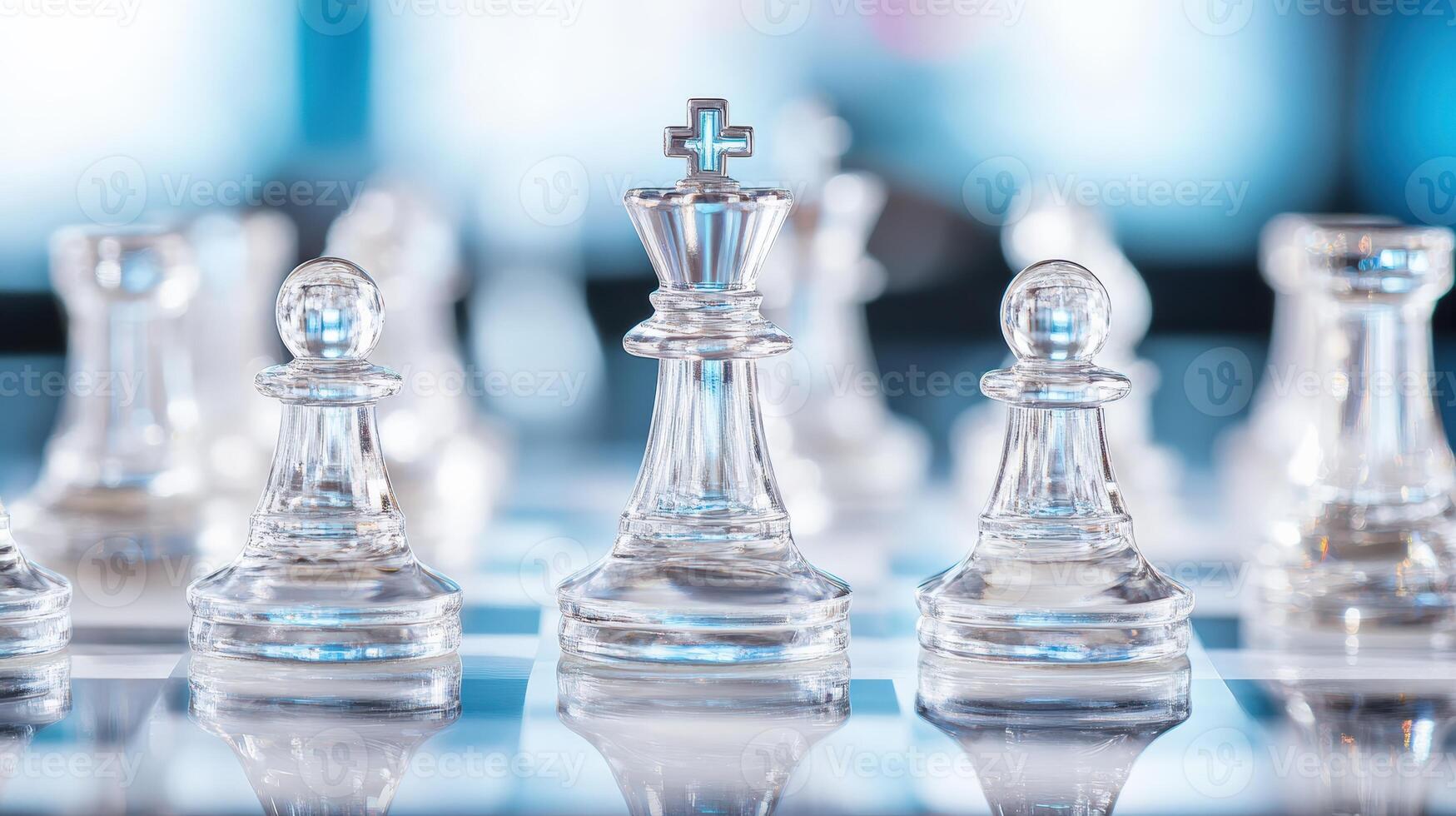 Close-up of transparent chess pieces on a board, showcasing strategy, competition, and intelligence in a serene and focused setting. photo