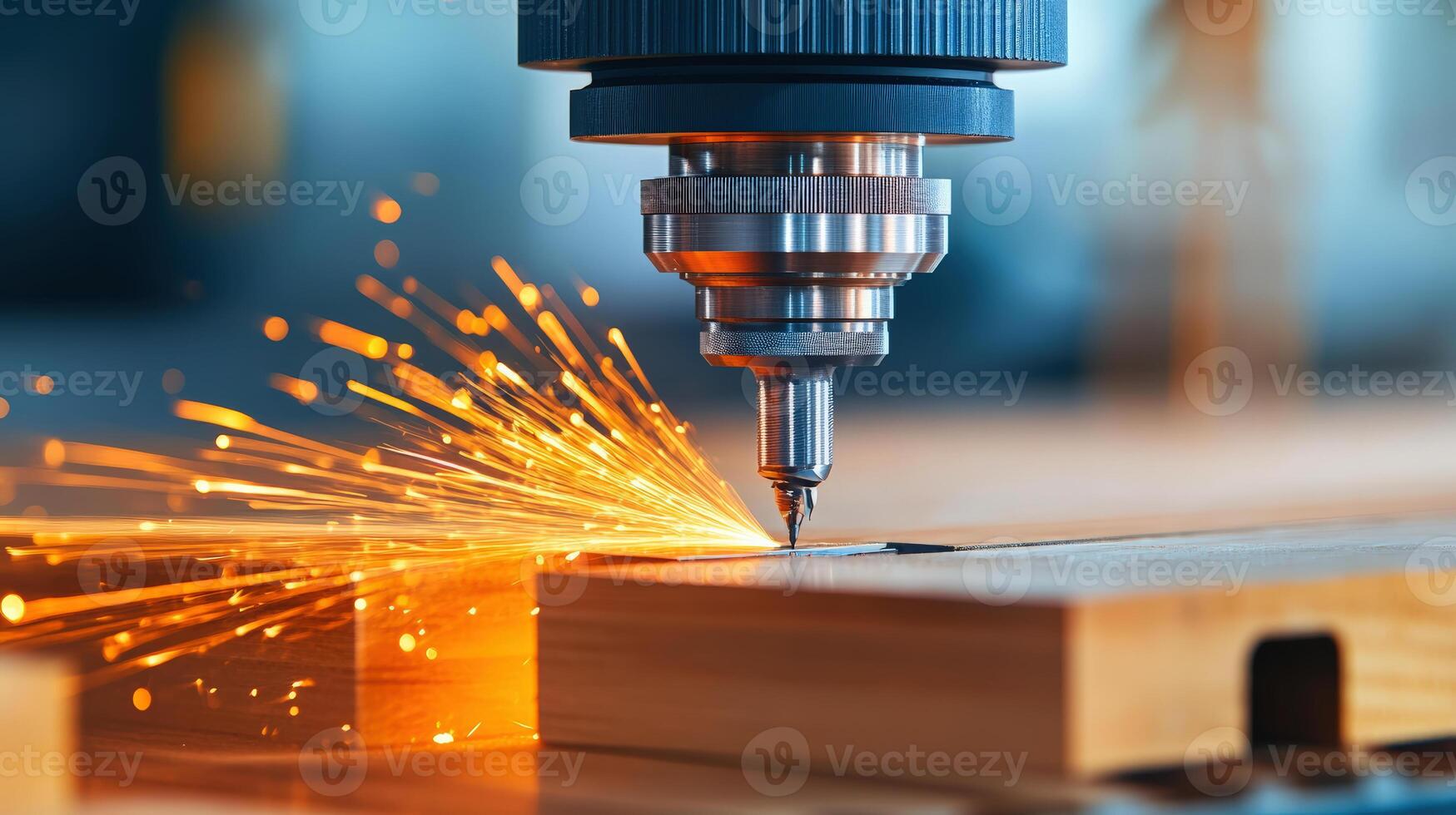 Close-up of a CNC machine engraving wood with precision. Sparks flying, highlighting advanced industrial manufacturing and woodworking technology. photo