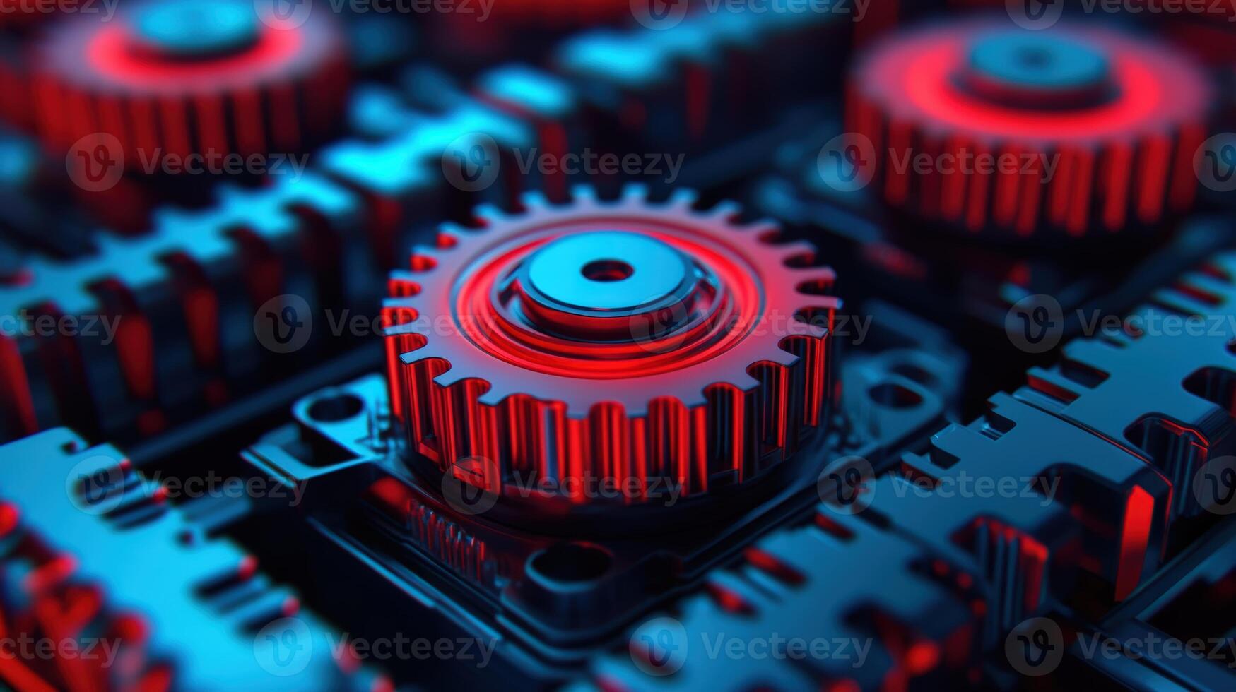 Close-up of red and black gears in an industrial mechanism, highlighting mechanical complexity and precision engineering in a high-tech setting. photo