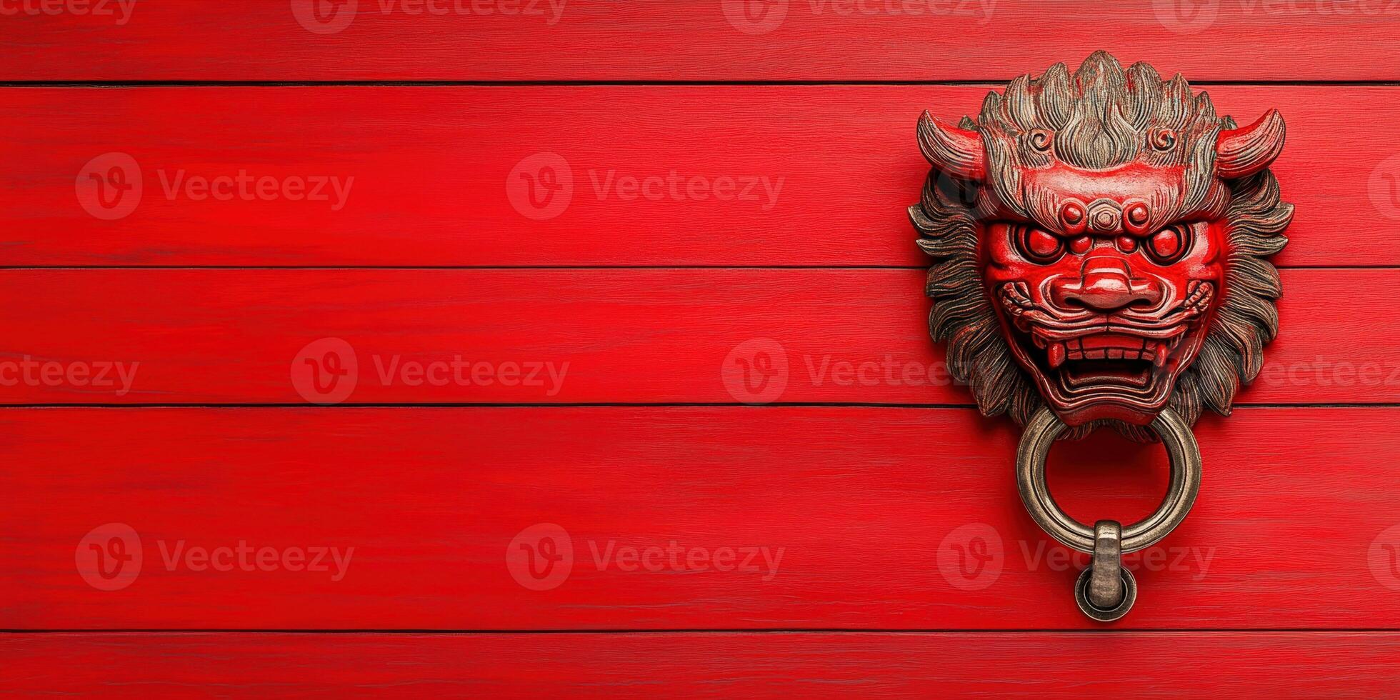 Close-up of a red dragon door knocker on a wooden door with horizontal planks, symbolizing protection and tradition in Asian culture. photo