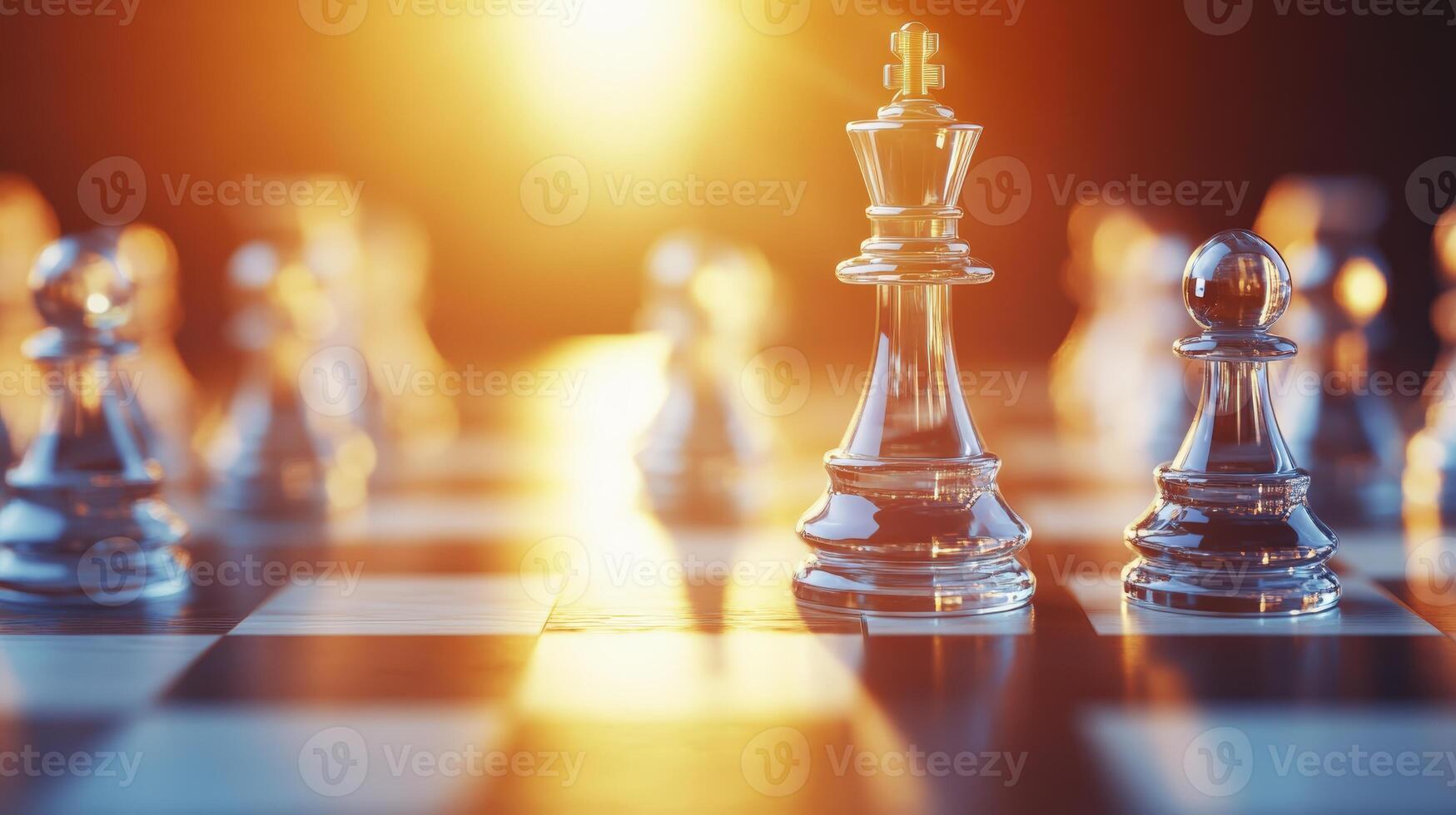 Close-up of glass chess pieces on a board with a warm glowing light in the background, symbolizing strategy and competition. photo