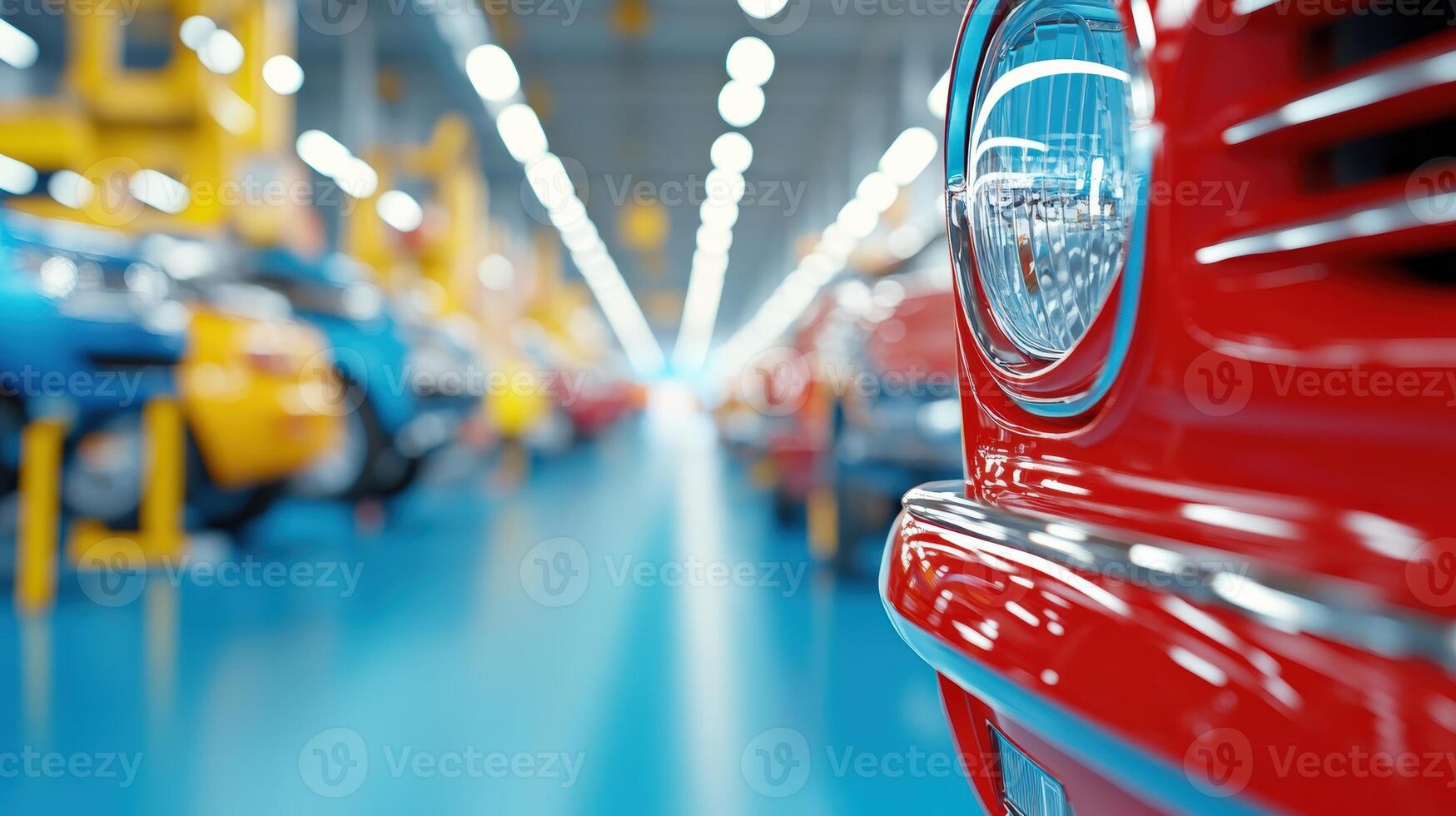 Close-up of a red car on an assembly line in an automotive factory, showcasing industrial manufacturing process in a modern facility. photo
