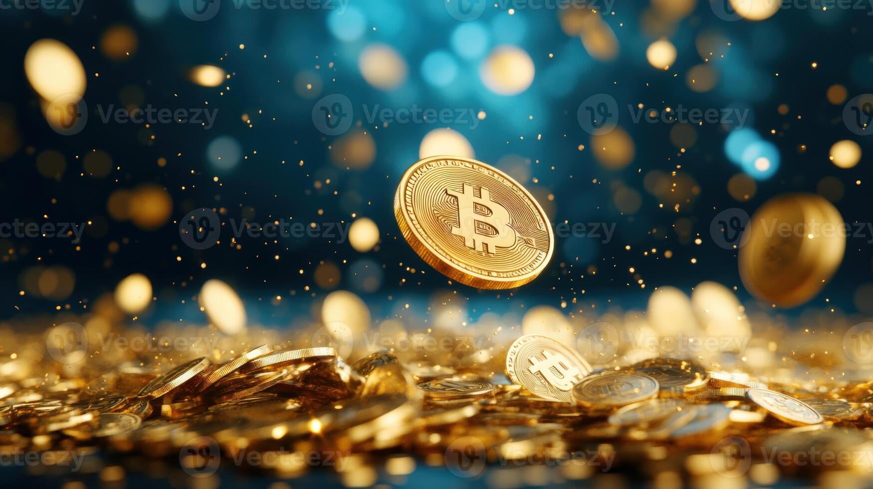 Golden Bitcoins floating above a pile, on a shimmering blue background. Symbol of cryptocurrency growth and digital finance evolution. photo