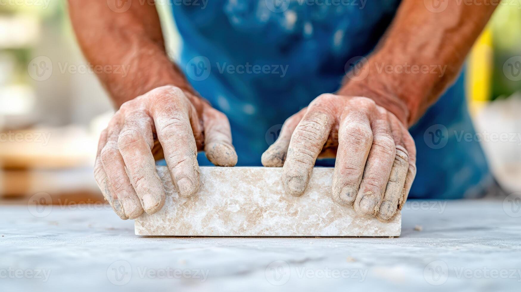 Hands of a worker smoothing a tile with a sanding block. Detailed view in a professional workshop setting, showcasing manual labor and craftsmanship. photo