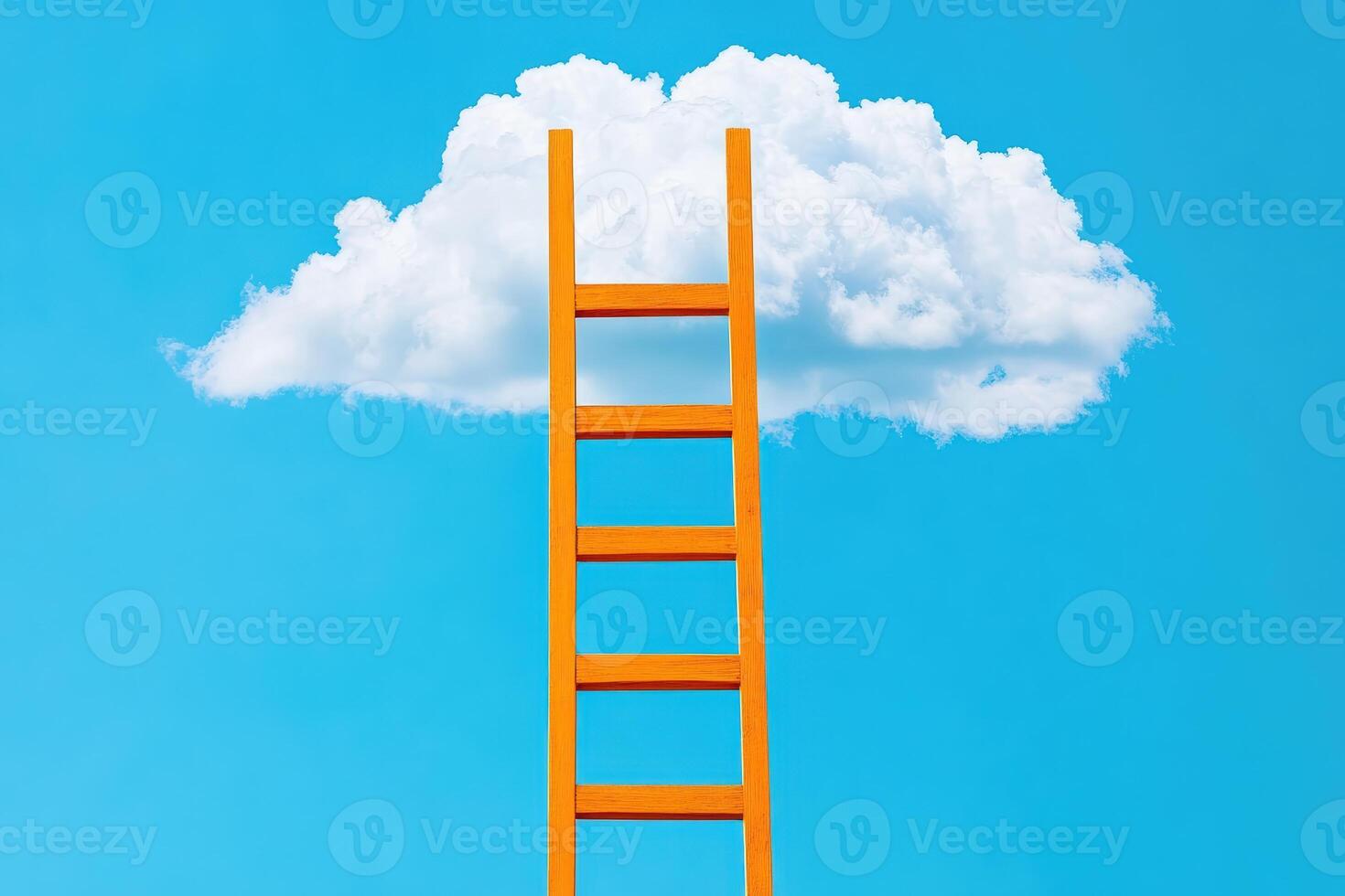 Orange ladder reaching towards a white cloud in a bright blue sky, symbolizing aspiration, goal setting, and success. Minimalist concept. photo