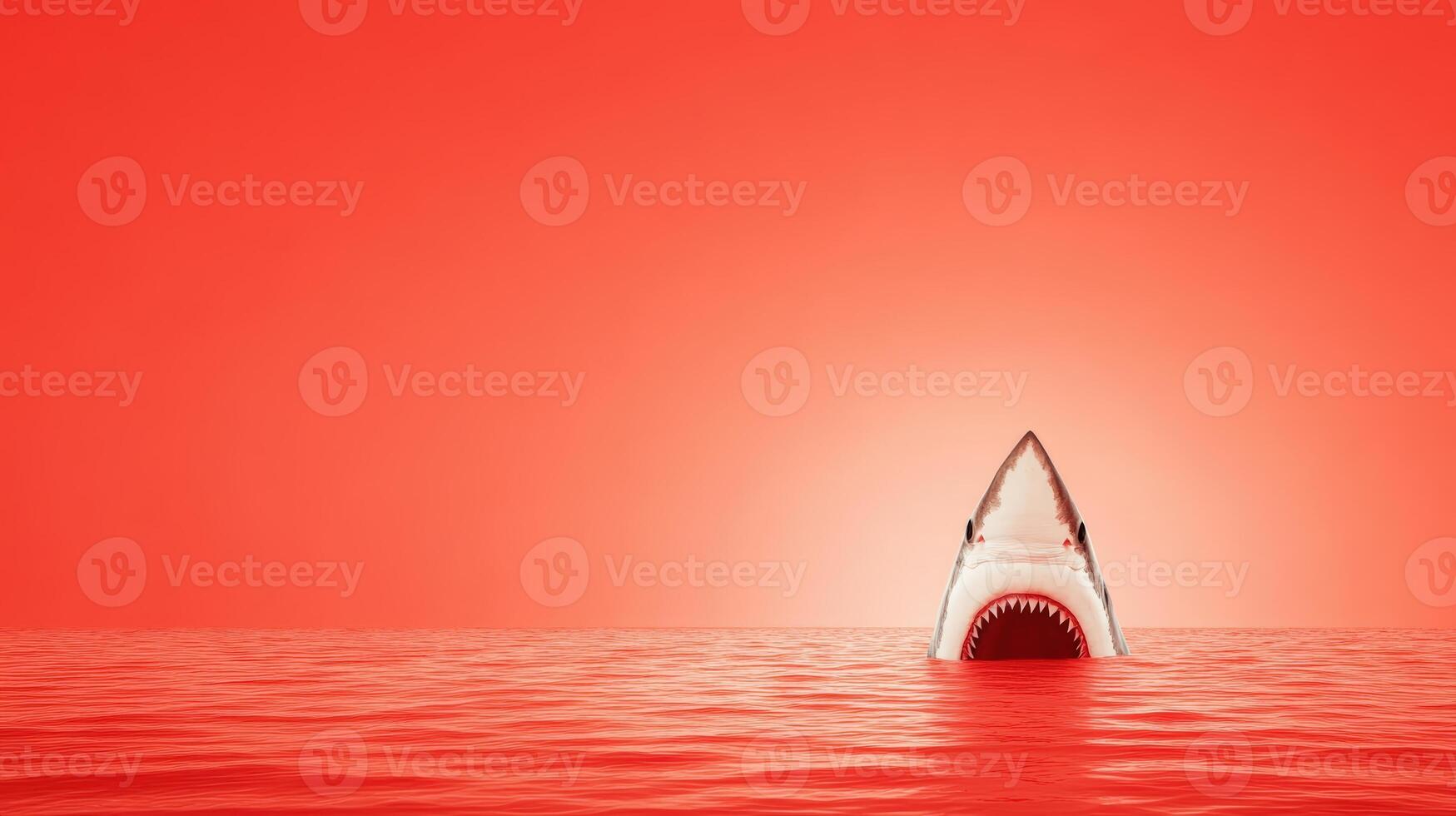A shark's dorsal fin protrudes from red, ominous waters, creating a striking and menacing scene against the stark backdrop. photo