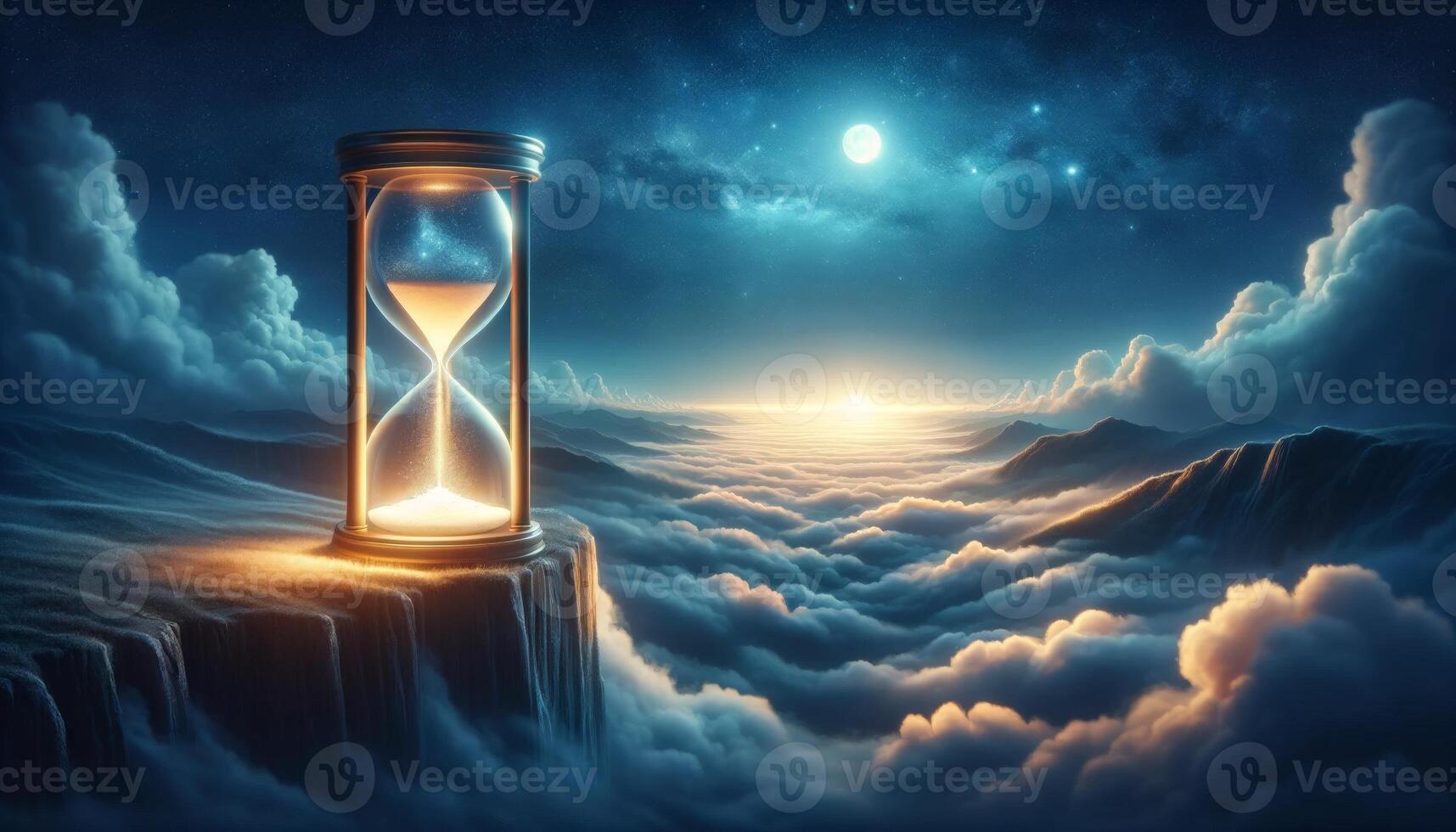 Magical hourglass on mountain above clouds under moonlight, symbolizing time and fantasy in a beautiful surreal landscape. photo