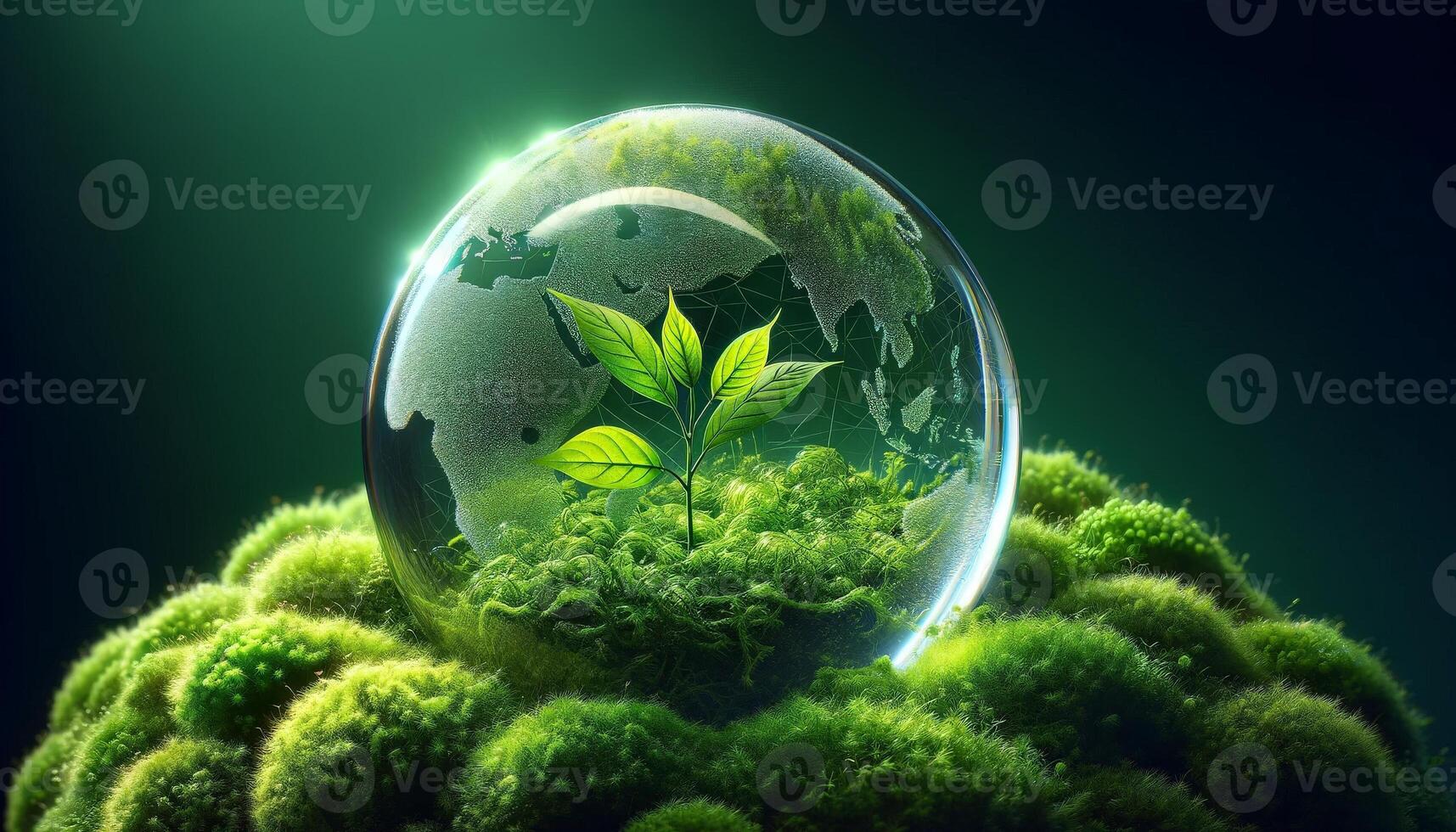 A glass globe encapsulating a small plant, symbolizing environmental conservation and growth, surrounded by lush greenery. photo