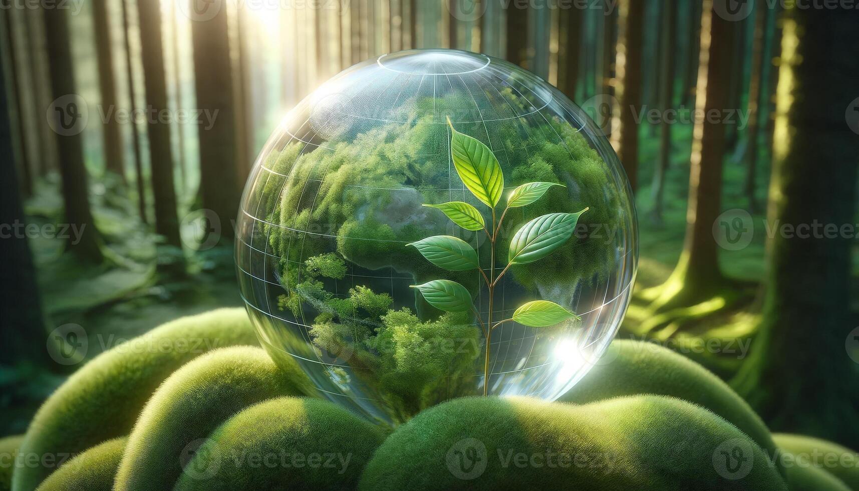 Eco-friendly concept with a glass sphere encasing green leaves and moss in a sunlit forest, symbolizing nature and sustainability. photo