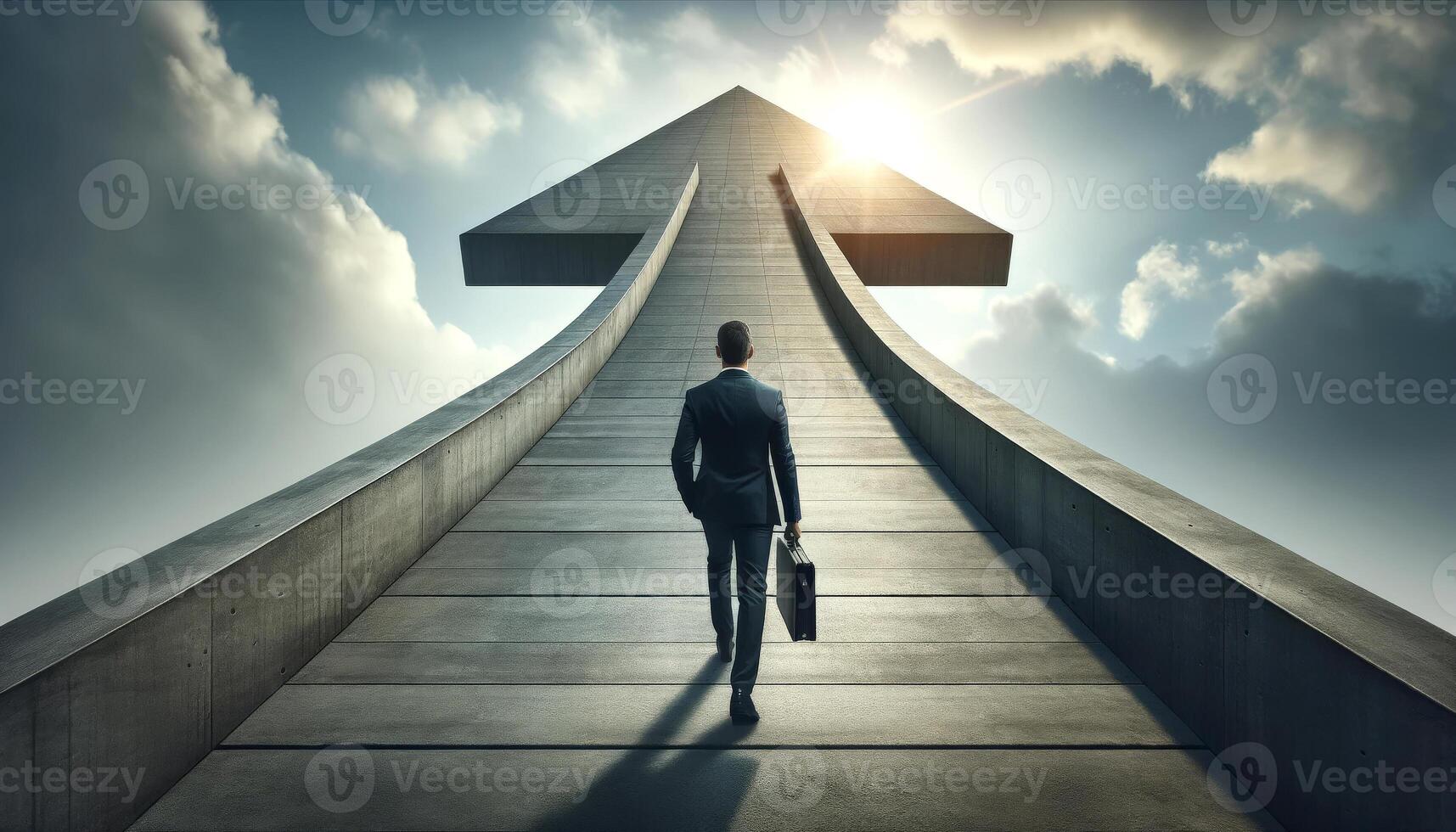 Businessman walking towards an upward arrow in the sky, symbolizing career growth and success under a cloudy sky with sunlight ahead. photo
