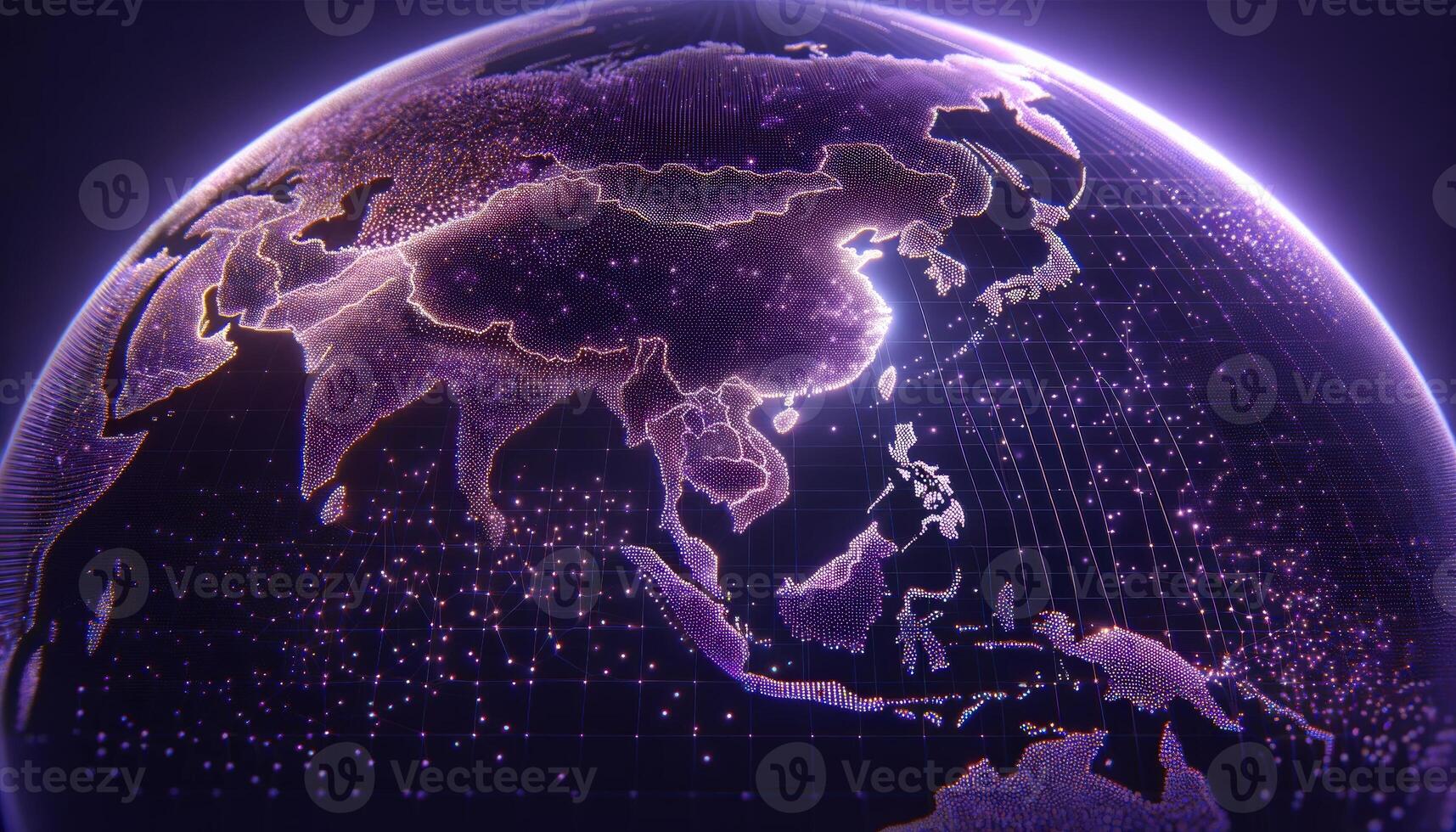 A glowing digital representation of Earth highlighting the Asian continent connected by network lines depicting global technology and connectivity. photo