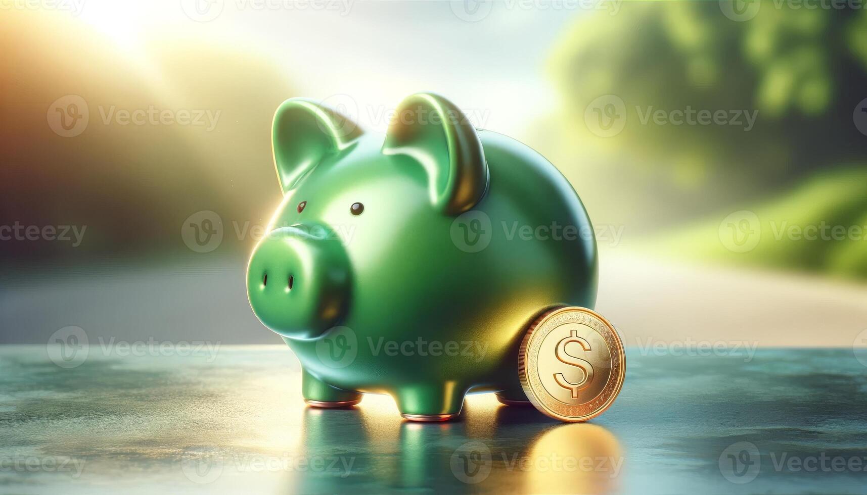 A green piggy bank with a gold coin, symbolizing savings and financial growth, set against a blurred outdoor background with soft sunlight. photo