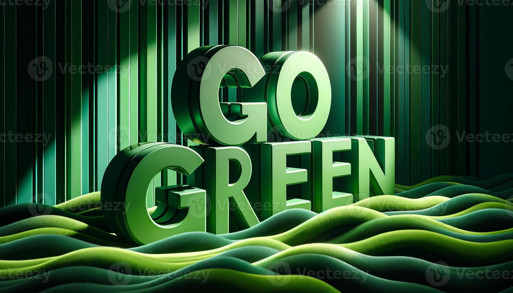 3D rendering of 'Go Green' text with green waves and vertical stripes background, emphasizing environmental awareness and sustainability. photo