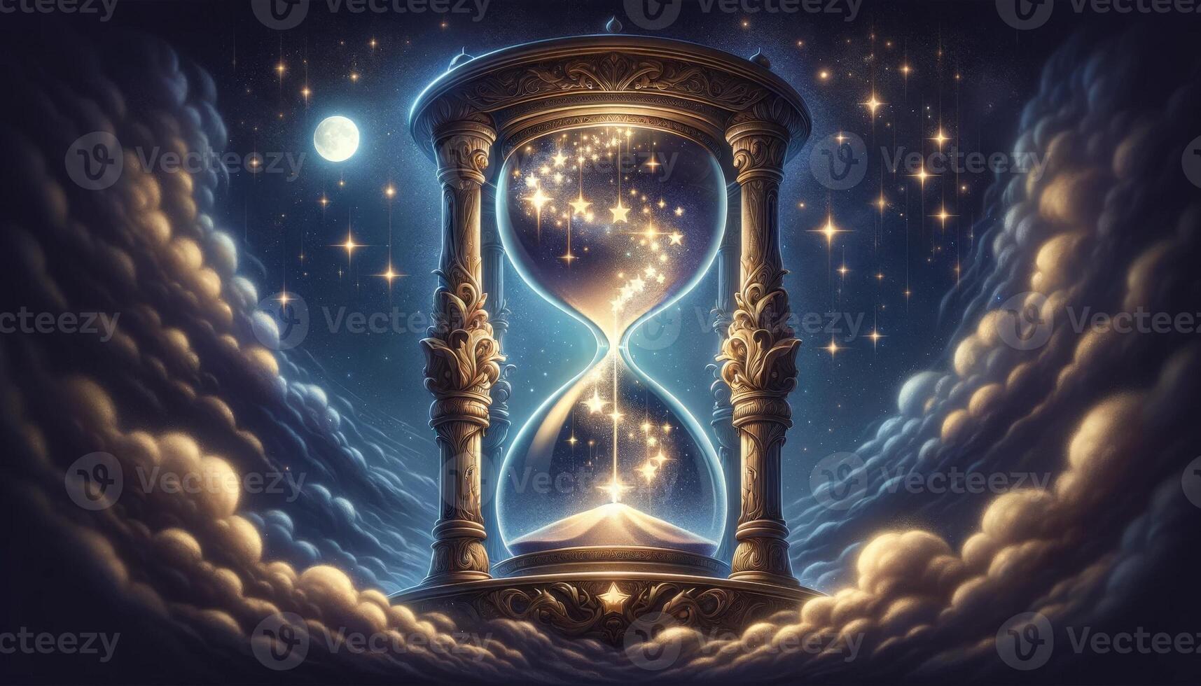 A magical hourglass with stars inside surrounded by clouds and illuminated by moonlight, merging timeless fantasy with cosmic beauty. photo