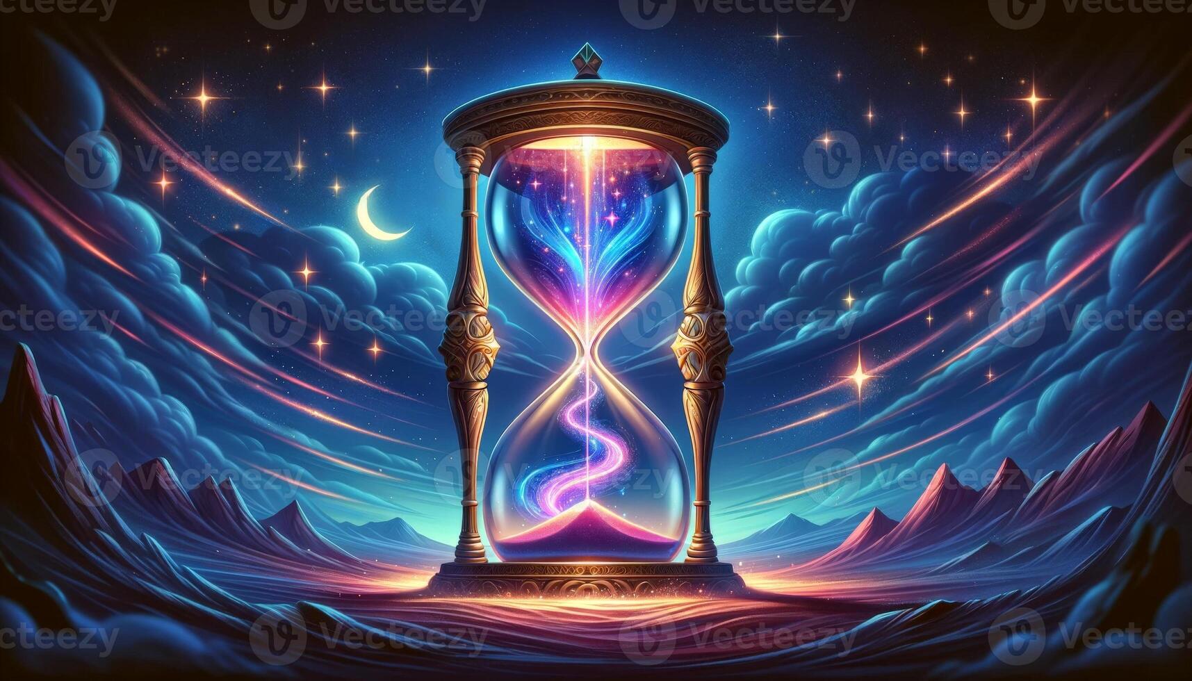 A mystical hourglass in a dreamy night sky with clouds, stars, and mountains, symbolizing the passage of time and infinity. photo
