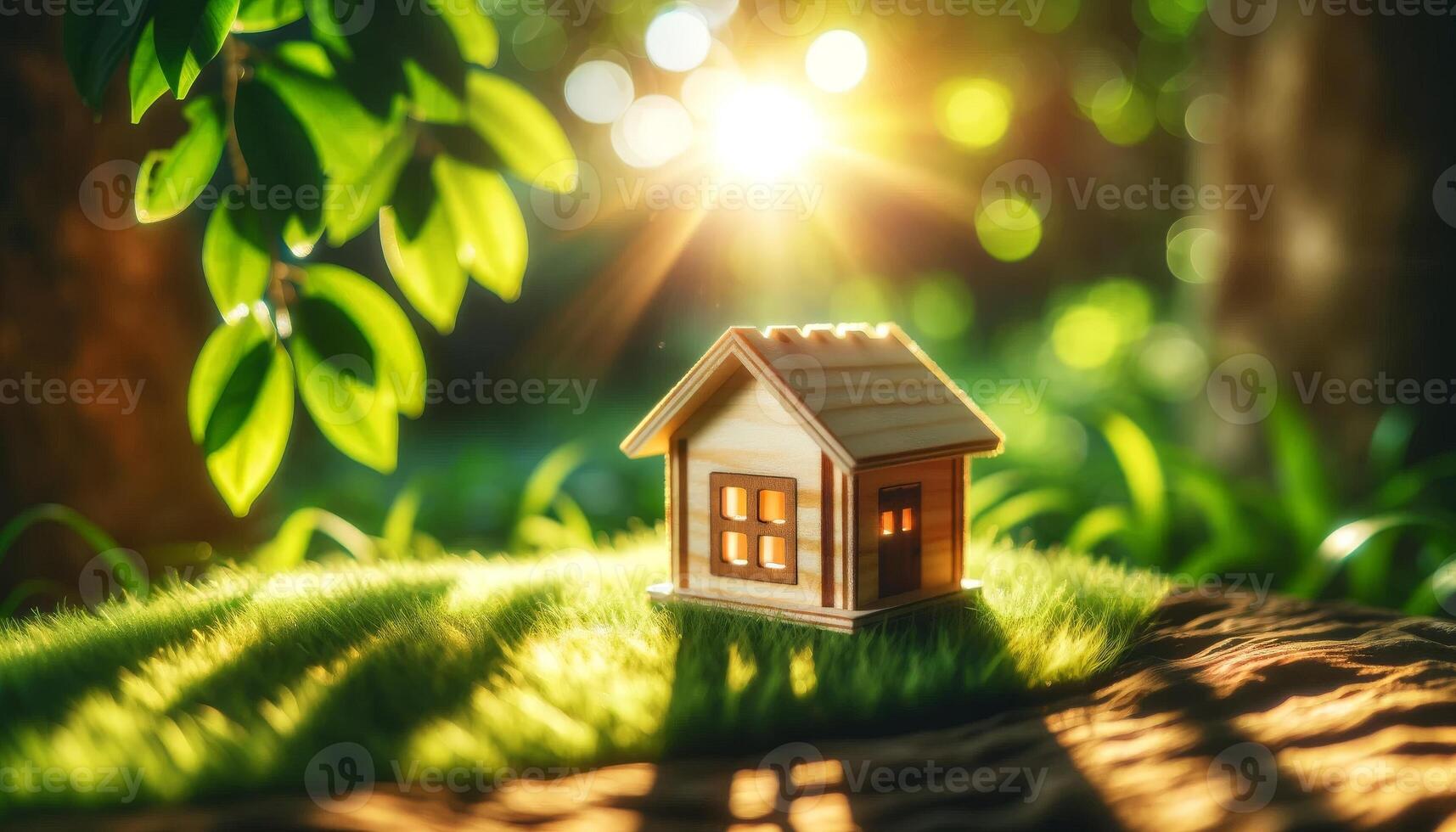 A miniature house model is placed on grass, illuminated by warm sunlight in a lush, green environment. photo