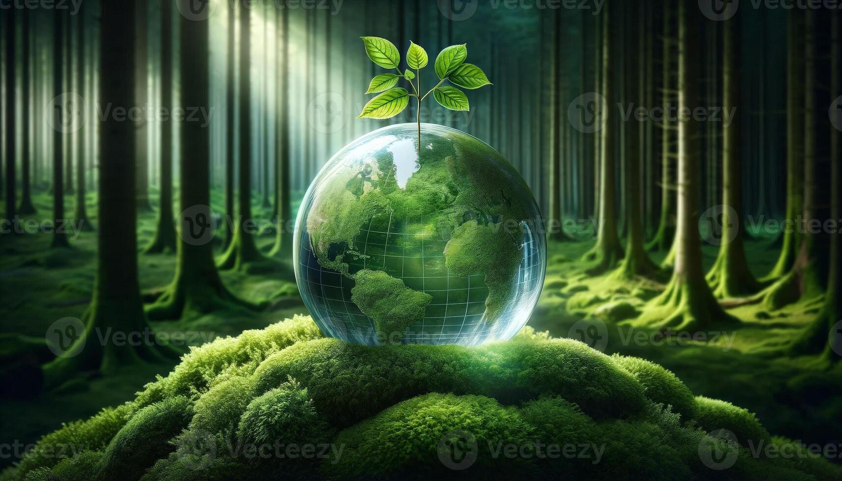 A vibrant green forest encapsulates a globe with sprouting leaves, symbolizing environmental protection and sustainable growth. photo