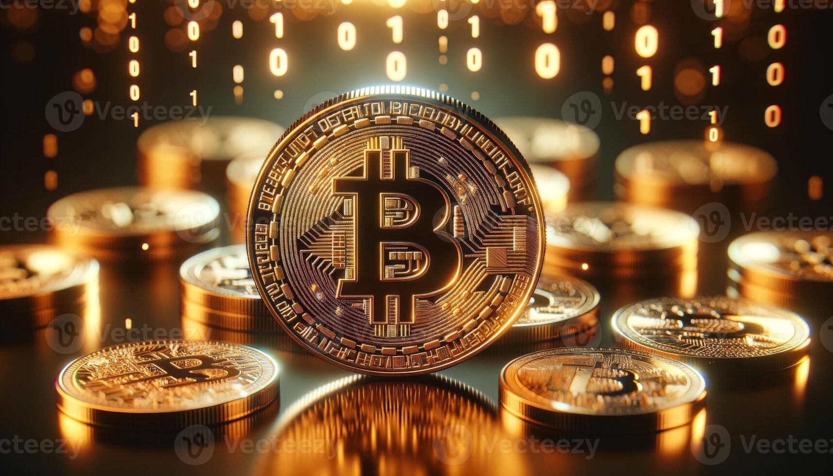 Close-up of golden Bitcoin surrounded by binary code and glowing lights, symbolizing cryptocurrency and digital finance concepts. photo