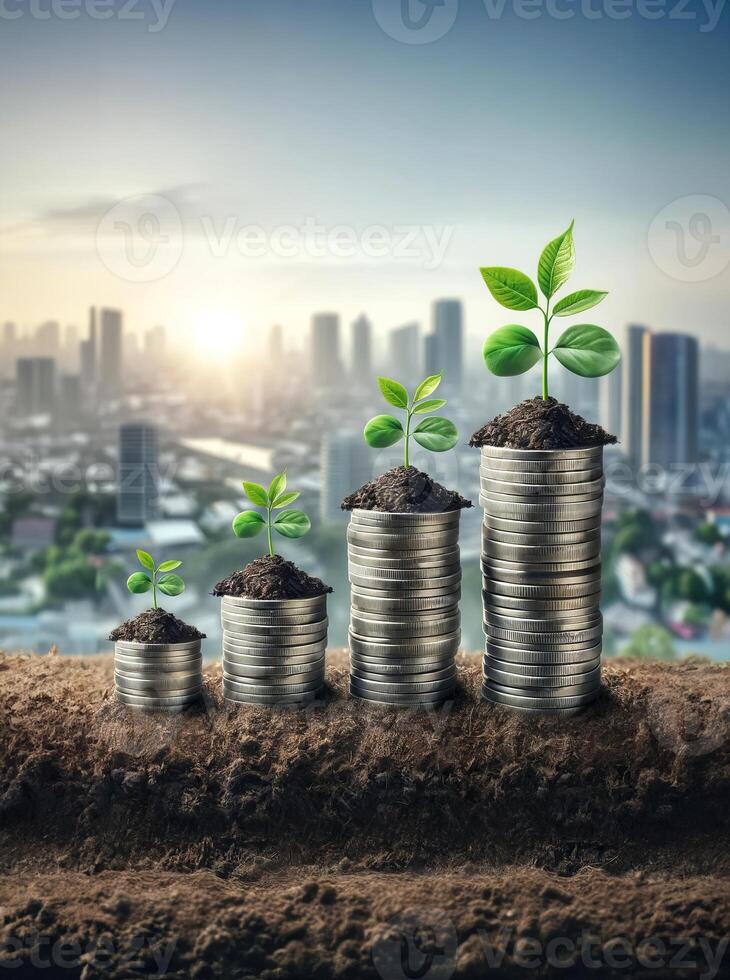 Stacks of coins with green plants symbolize financial growth and investment opportunity against a cityscape backdrop at sunrise. photo