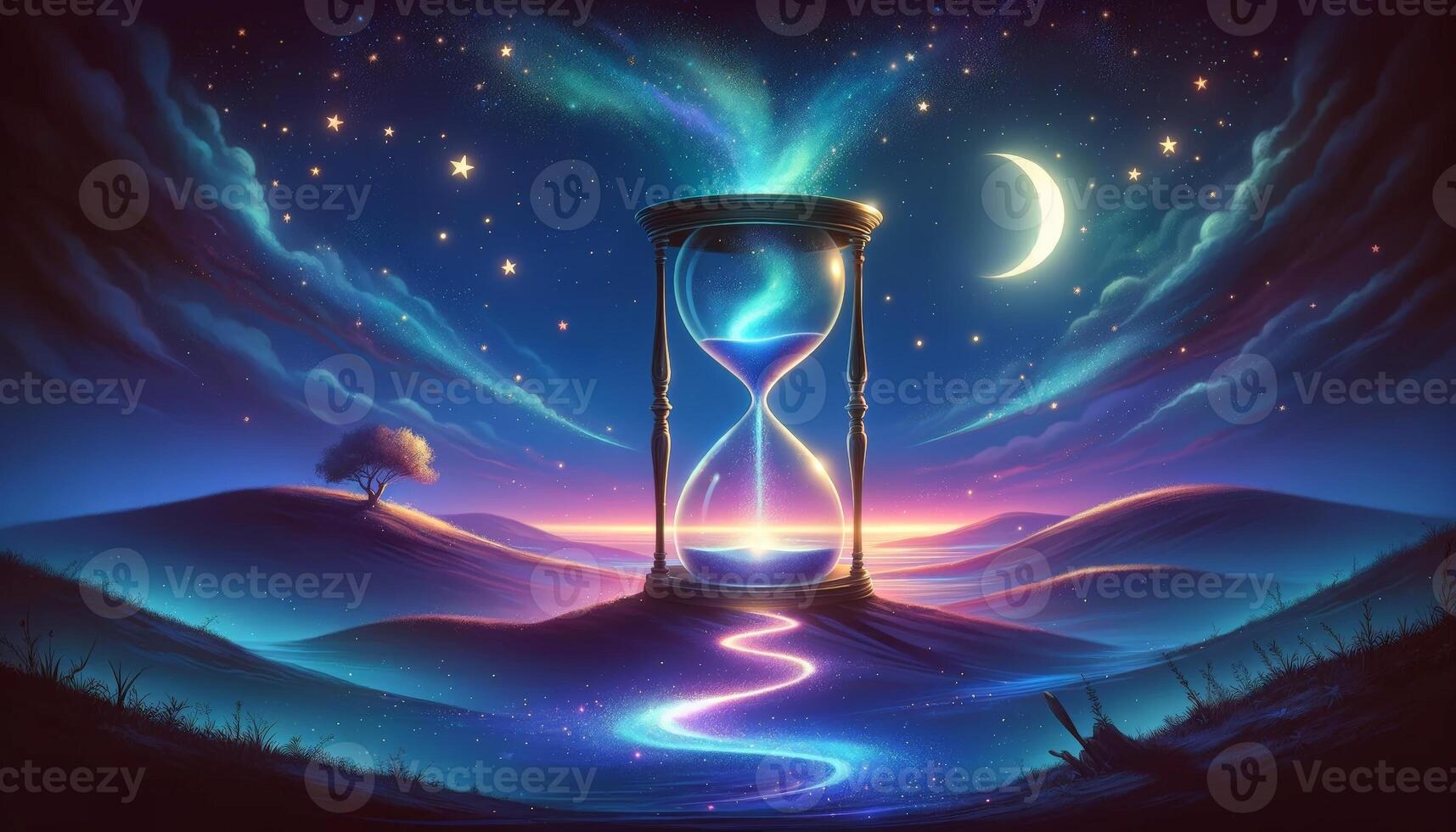 Surreal night landscape with glowing hourglass, starry sky, crescent moon, and illuminated path making it a mystical and enchanting scene. photo