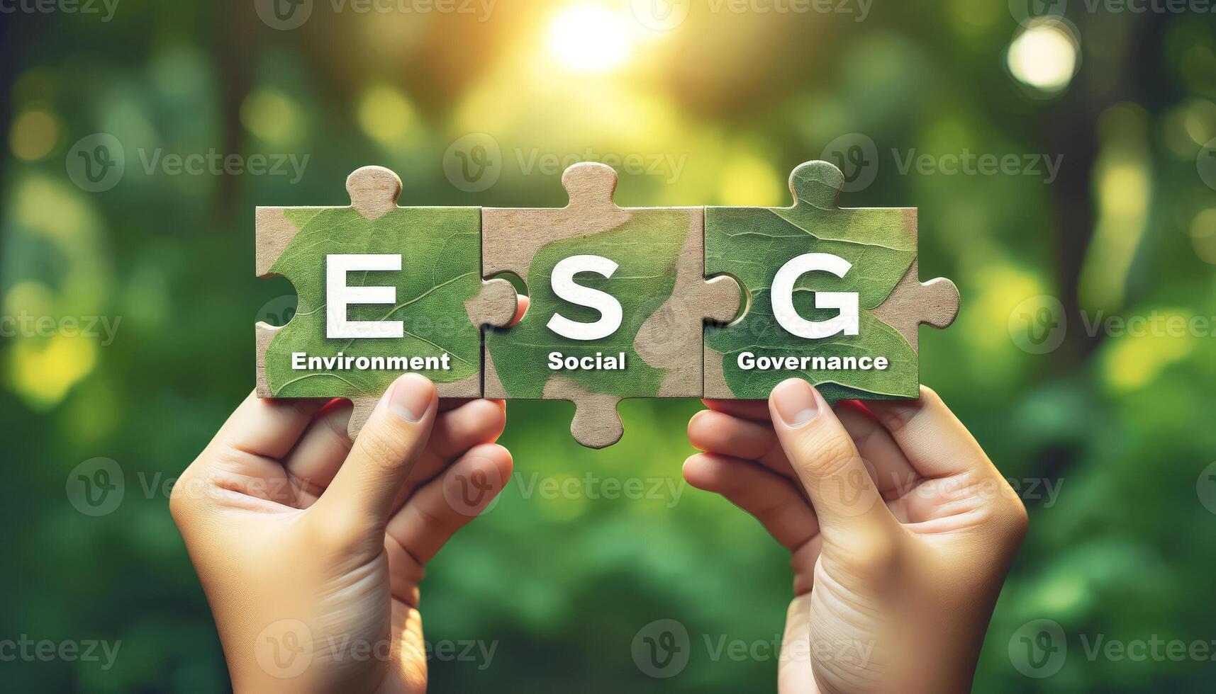 Hands holding puzzle pieces with ESG letters representing Environment, Social, and Governance in a green forest background. photo