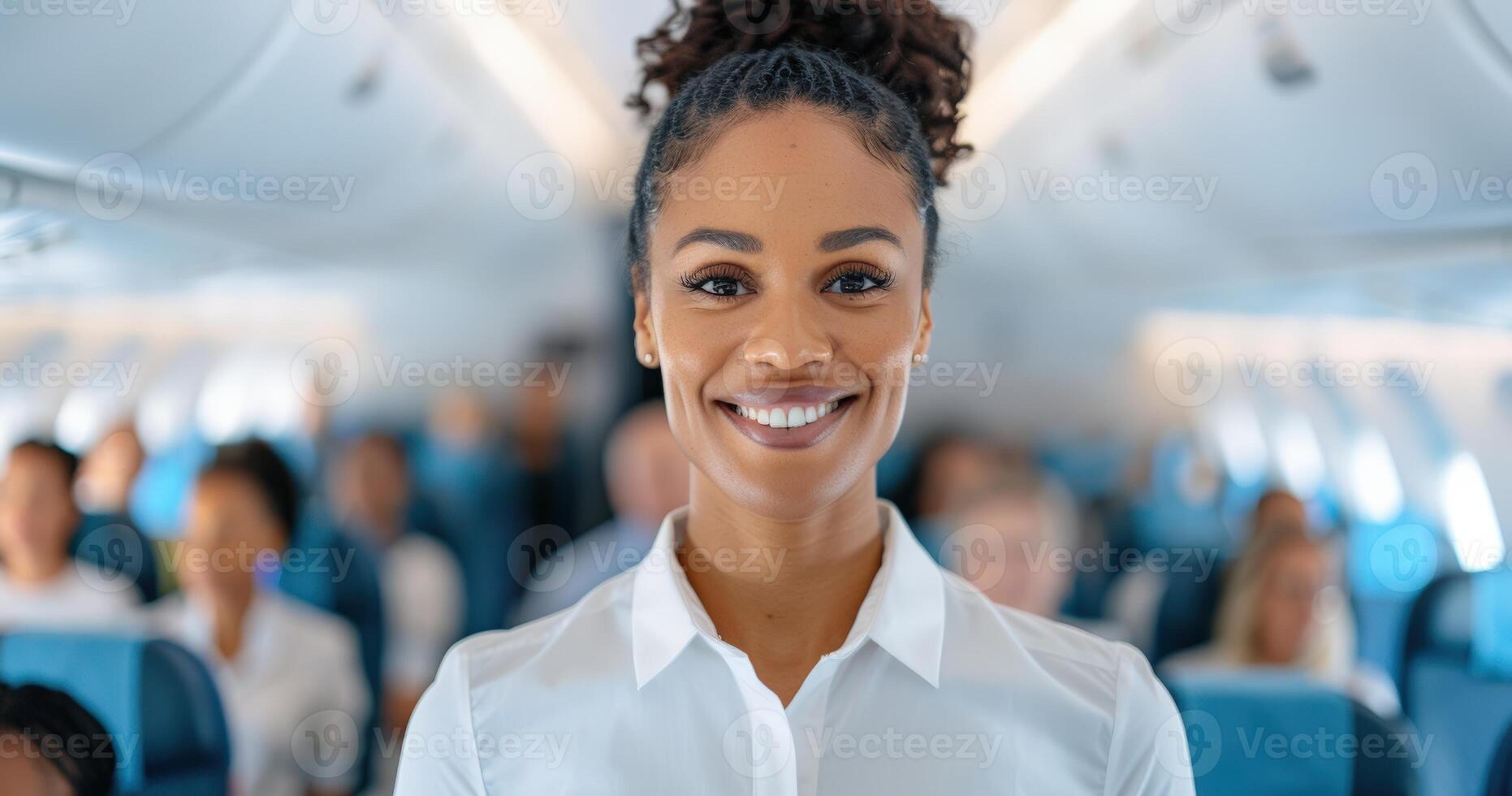 Smiling flight attendant standing in an airplane aisle with passengers in the background, showcasing air travel service and hospitality. photo