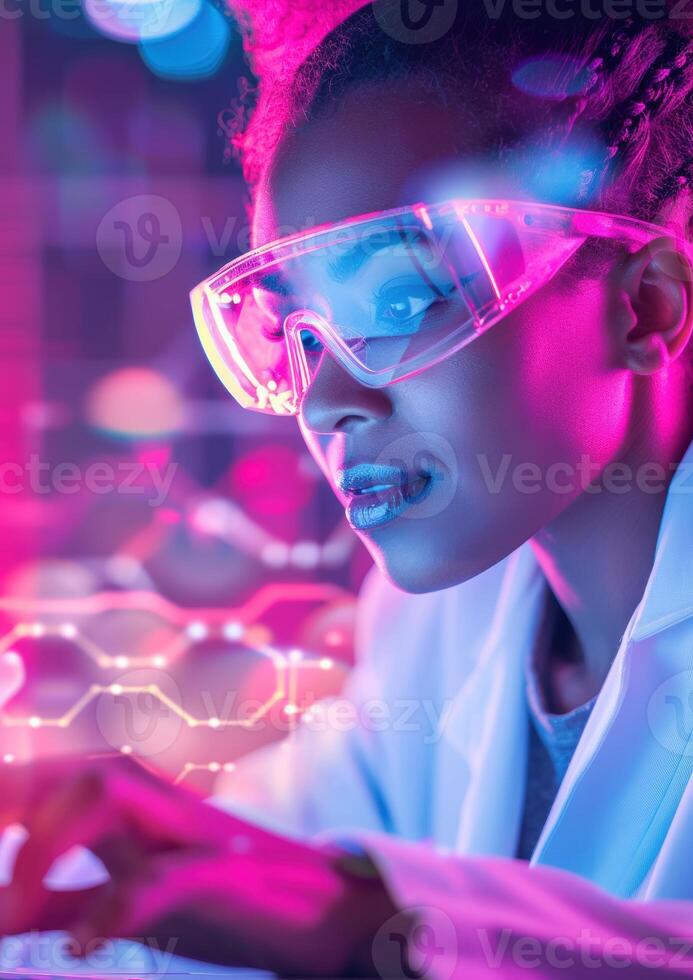 Female scientist in futuristic lab wearing transparent glasses, focused on research with digital technology and neon lights around her. photo