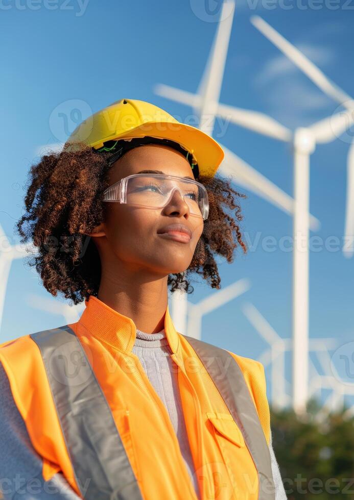 Female engineer in safety gear stands confidently in front of wind turbines, representing renewable energy and sustainable engineering. photo