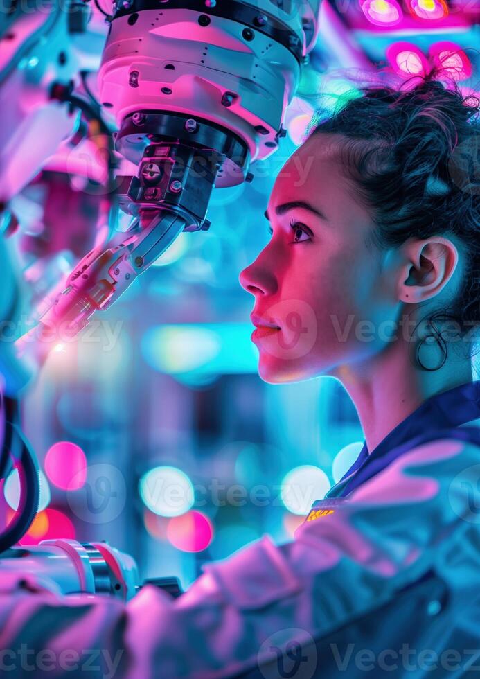 Female scientist working with advanced robotic equipment in a vibrant laboratory illuminated by colorful lights, focusing on precision engineering. photo