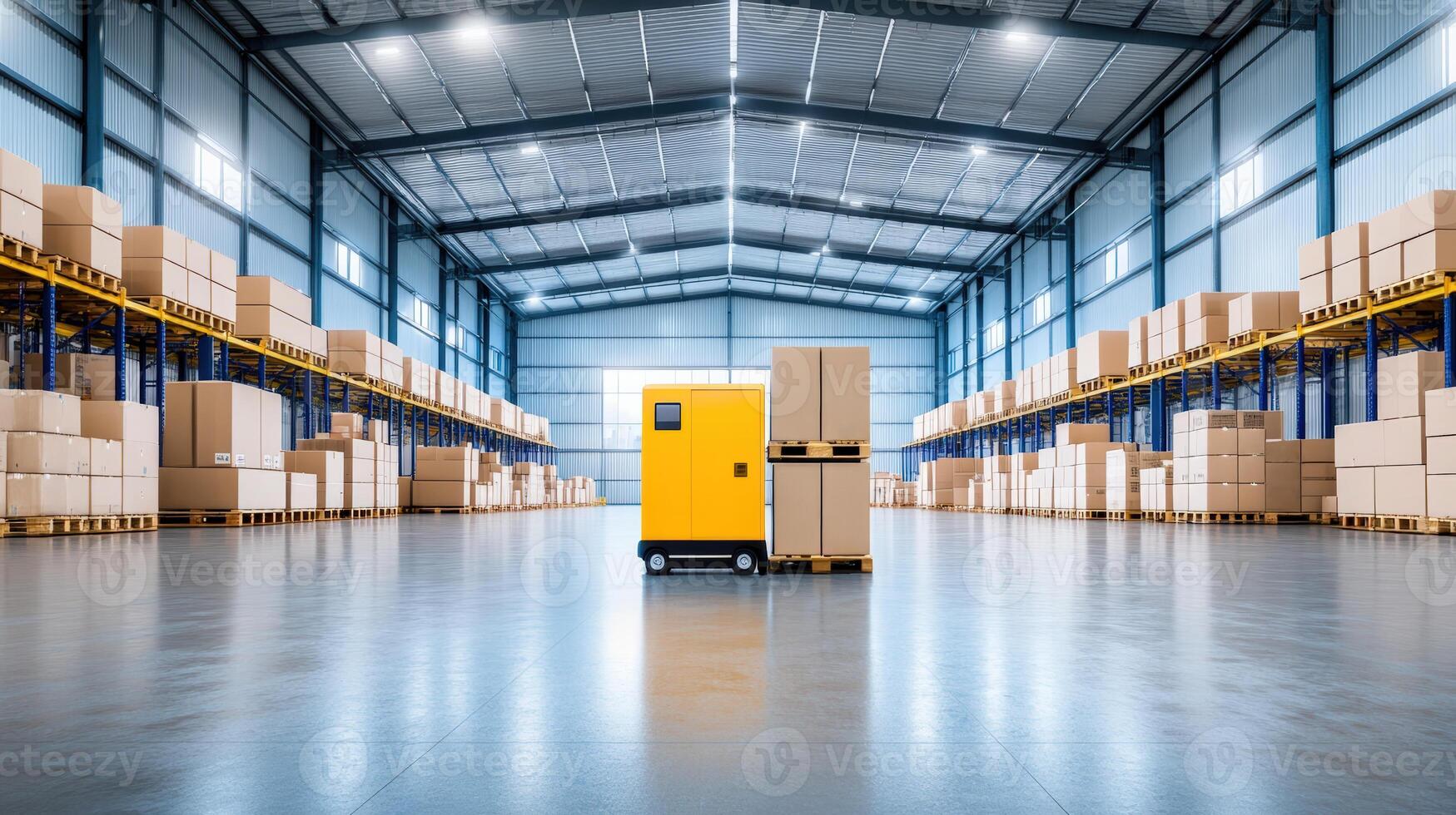 Modern warehouse interior with automated yellow robot handling packages, representing logistics and efficient storage solutions. photo