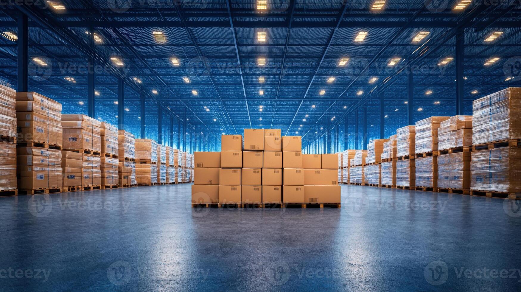 Modern warehouse interior with large stacks of cardboard boxes arranged neatly on shelves and central pallets for efficient storage. photo