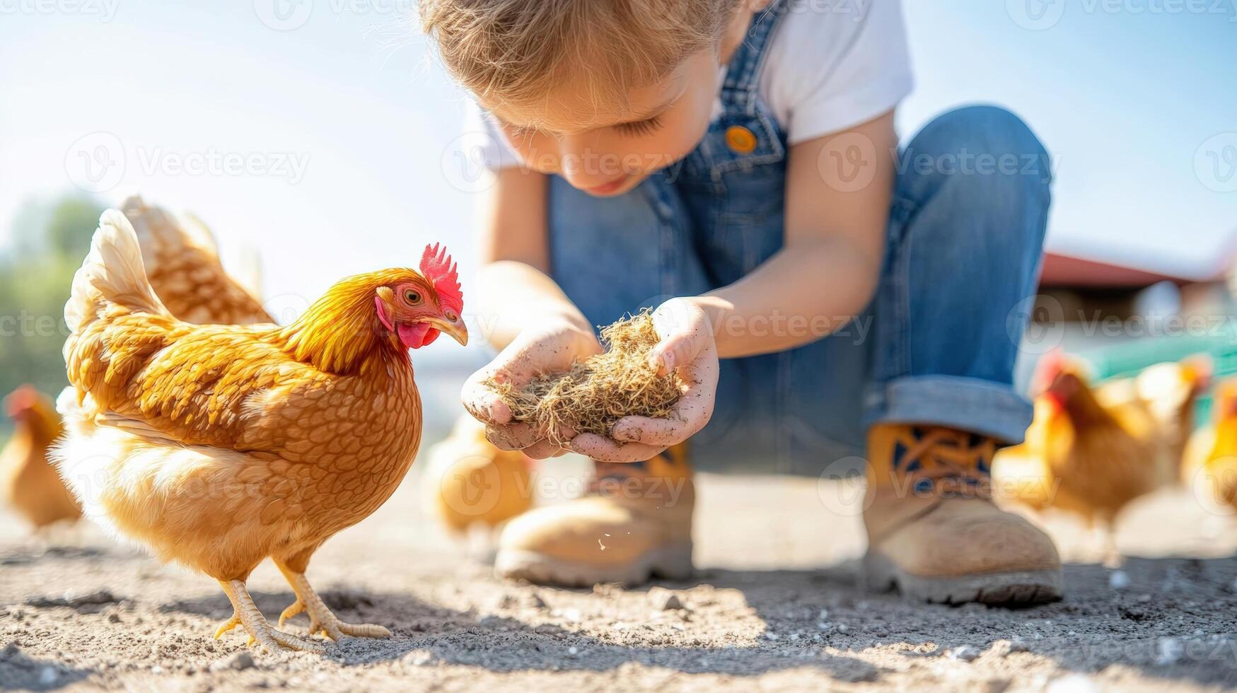 Young child feeding a chicken in a sunny outdoor farm setting, showcasing interaction with animals and farm life. Warm and joyful moment. photo