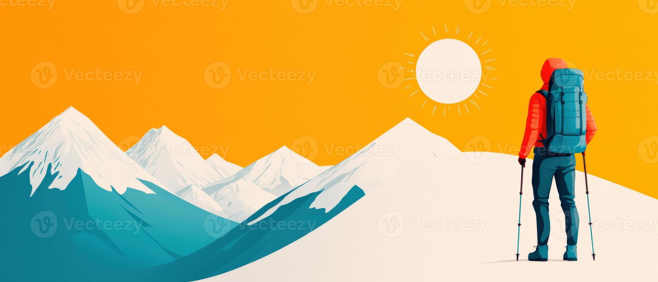 Hiker with backpack and trekking poles looking at a sunny mountain landscape with snowy peaks under an orange sky. photo