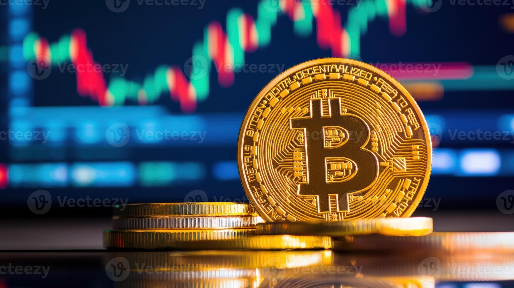 Golden Bitcoin with a stock market chart in the background, representing digital cryptocurrency and investment concepts. photo