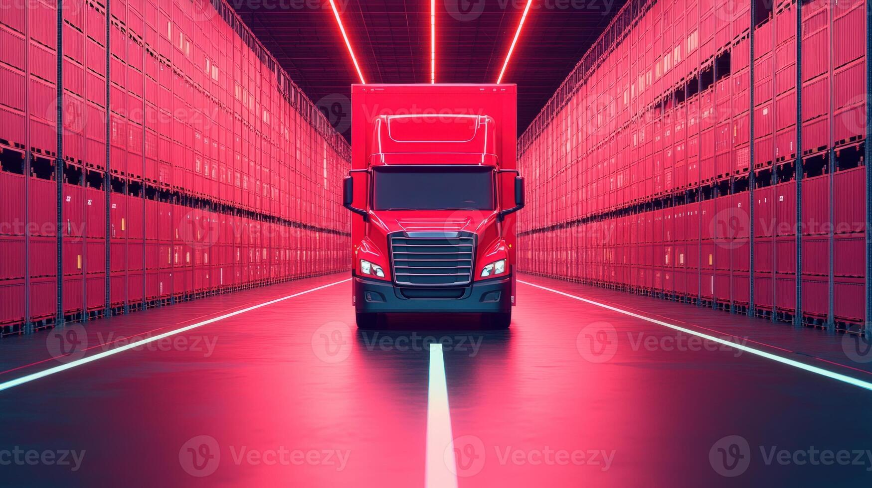 Futuristic red semi-truck in a high-tech neon-lit warehouse, representing innovation in transportation and logistics. photo