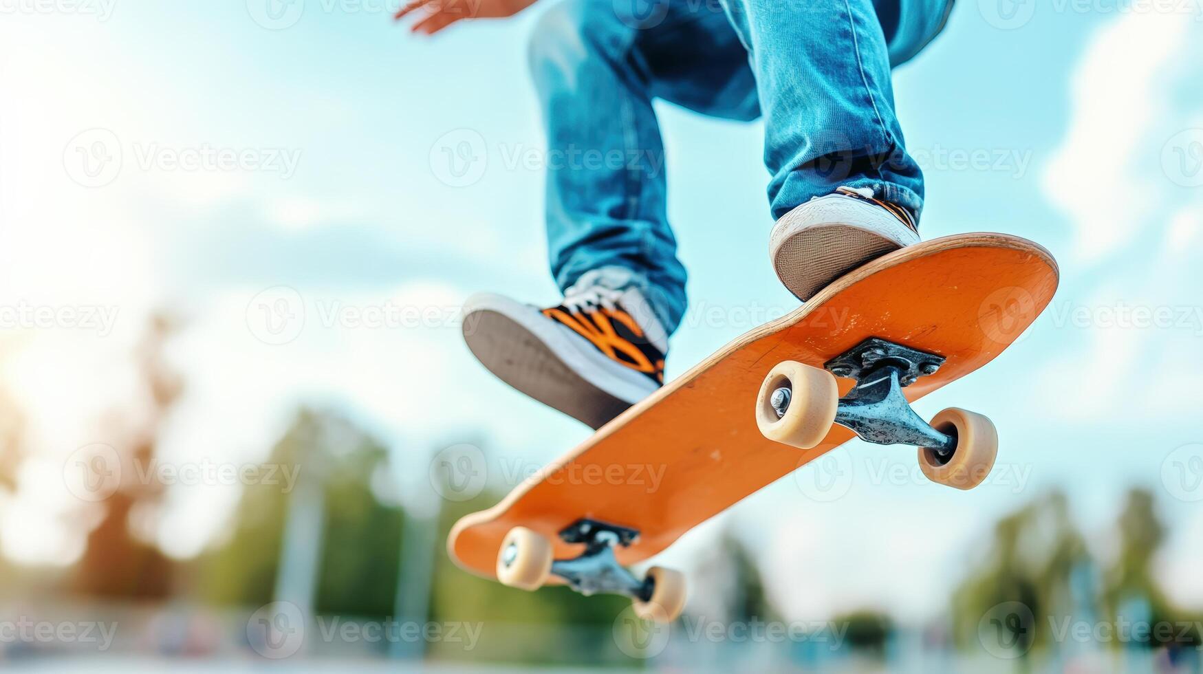Young skateboarder performing a jump trick on a skateboard in mid-air under a bright blue sky. Action-packed and energetic moment captured perfectly. photo