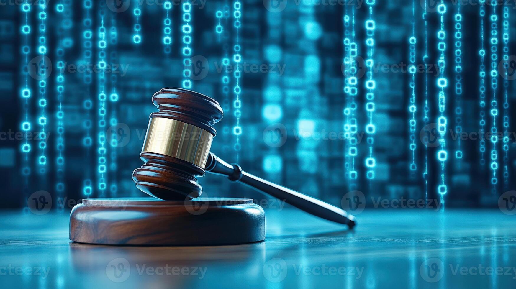 Gavel on a digital background representing the intersection of law and technology, conveying the concept of digital justice and cybersecurity. photo