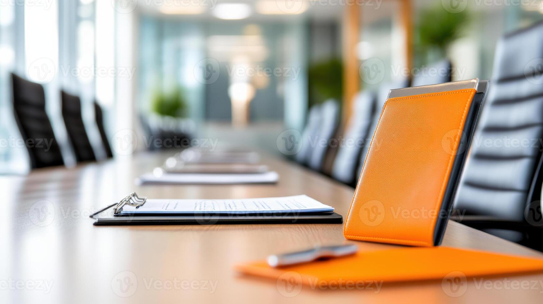 Modern conference room with empty chairs and documents arranged on a wooden table, ready for a business meeting. photo